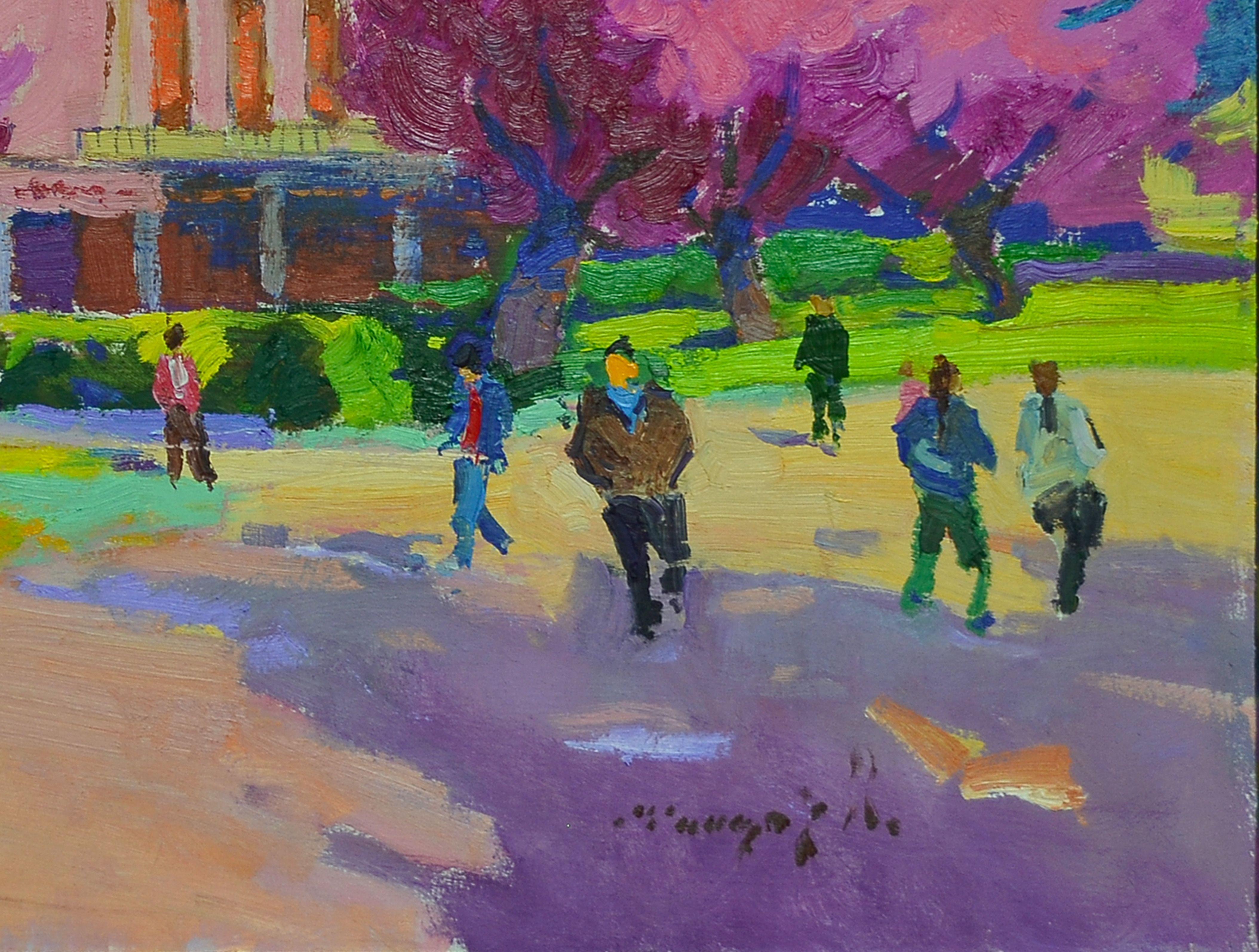 Dans mon œuvre d'art, j'ai capturé un paysage urbain vibrant, inondé des teintes fantaisistes des cerisiers en fleurs. En utilisant des peintures à l'huile, j'ai adopté une approche impressionniste, permettant aux traits audacieux de transmettre