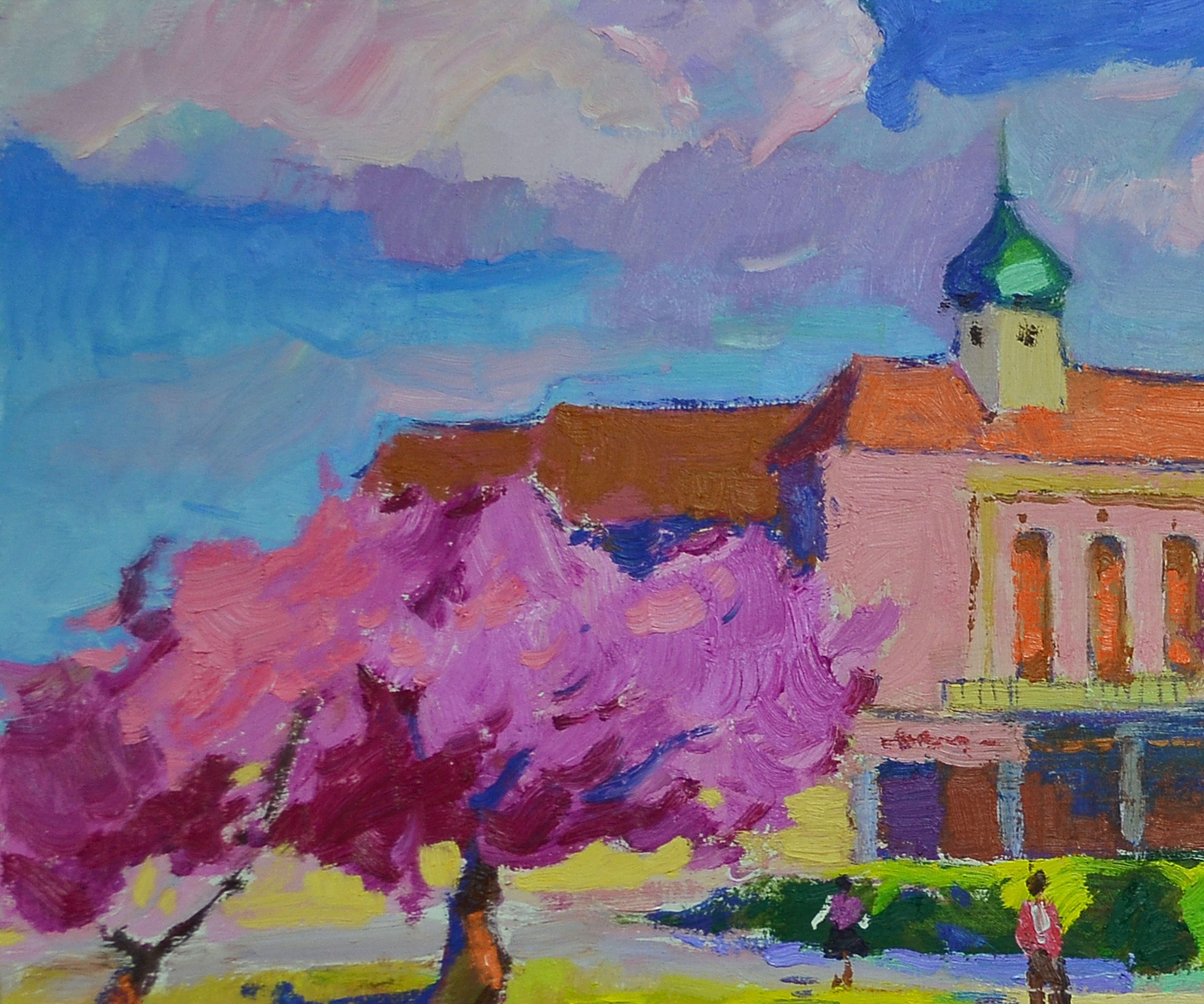 City in Cherry Blossoms, peinture, huile sur autre en vente 1