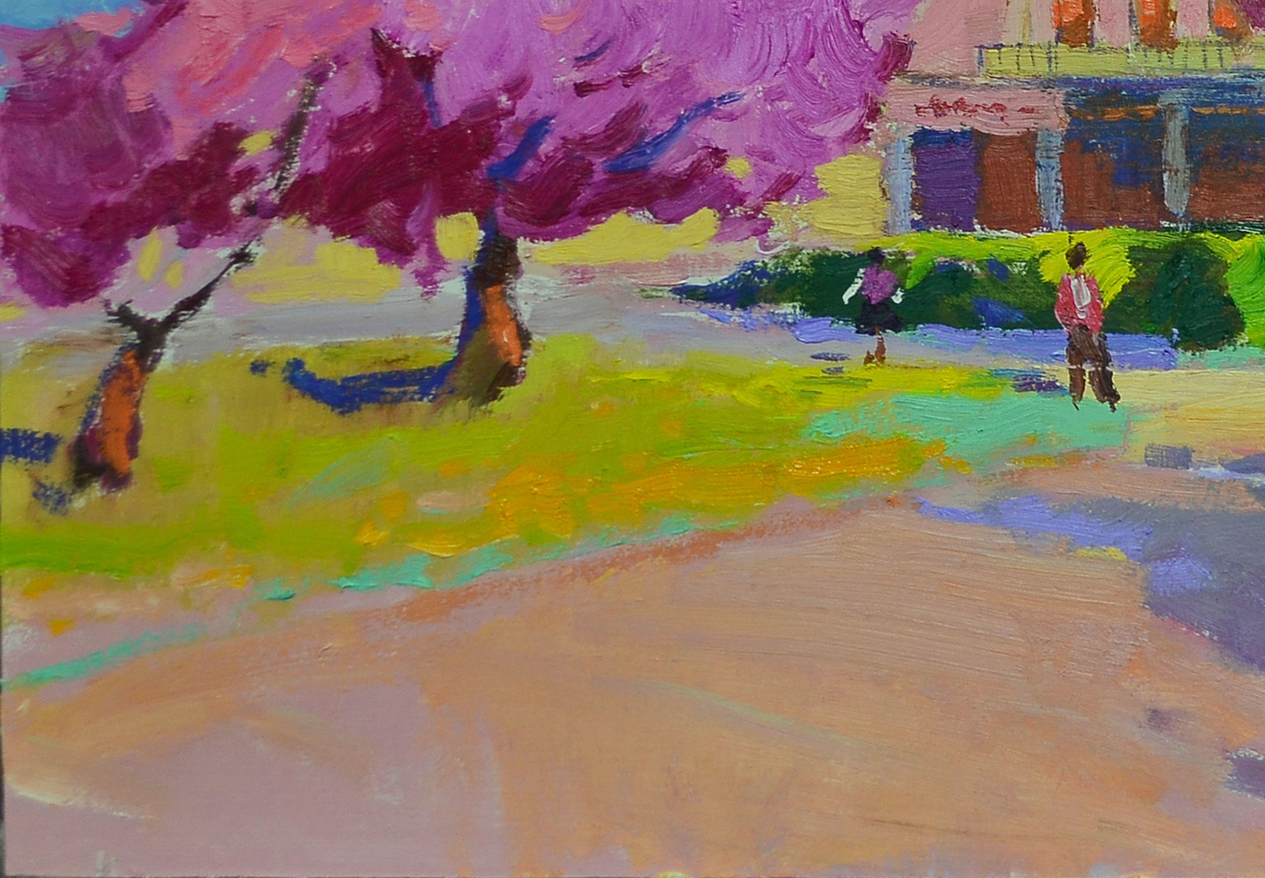 City in Cherry Blossoms, peinture, huile sur autre en vente 2