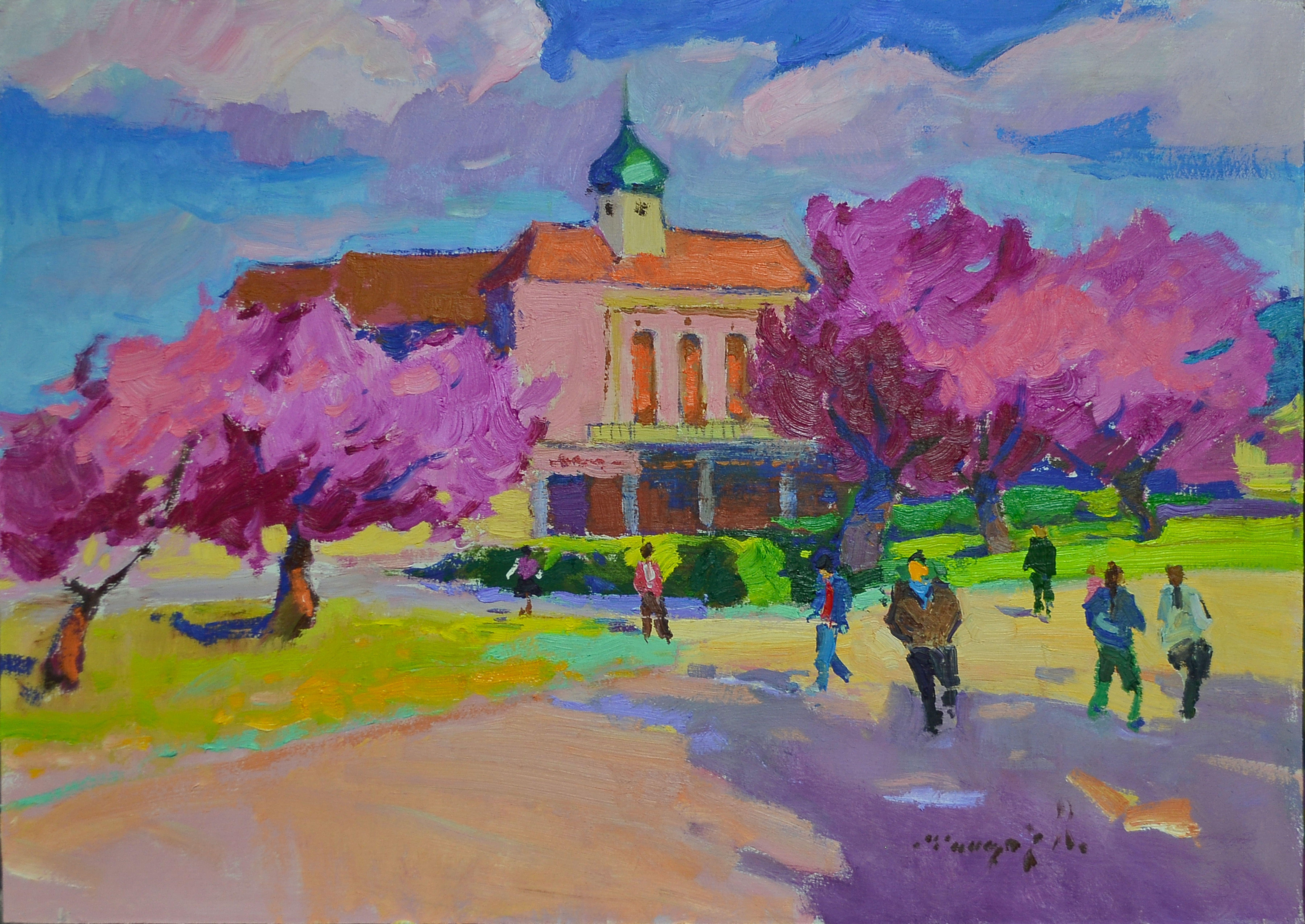 City in Cherry Blossoms, Painting, Oil on Other