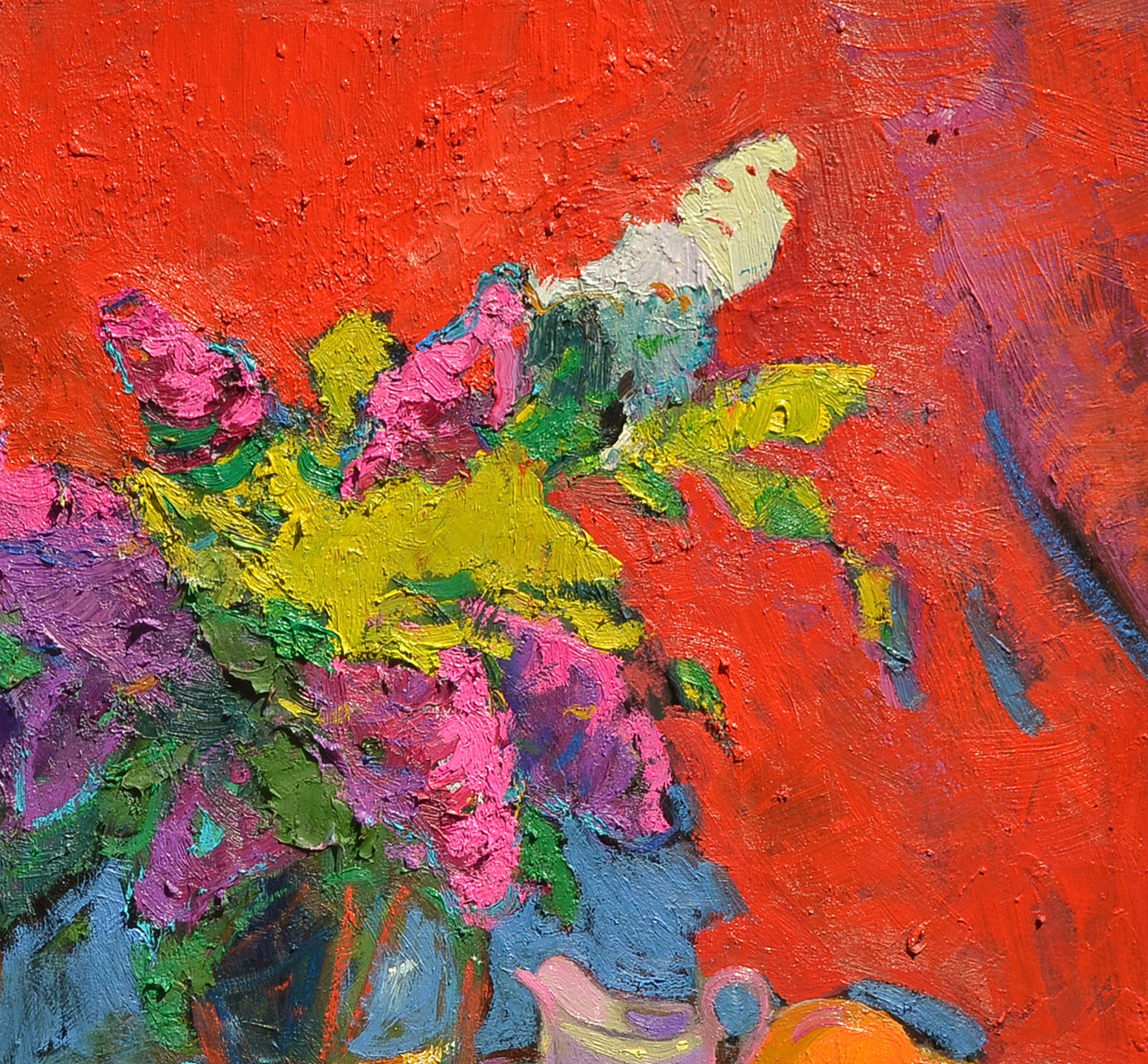 Lilac on the red, Painting, Oil on Other For Sale 1