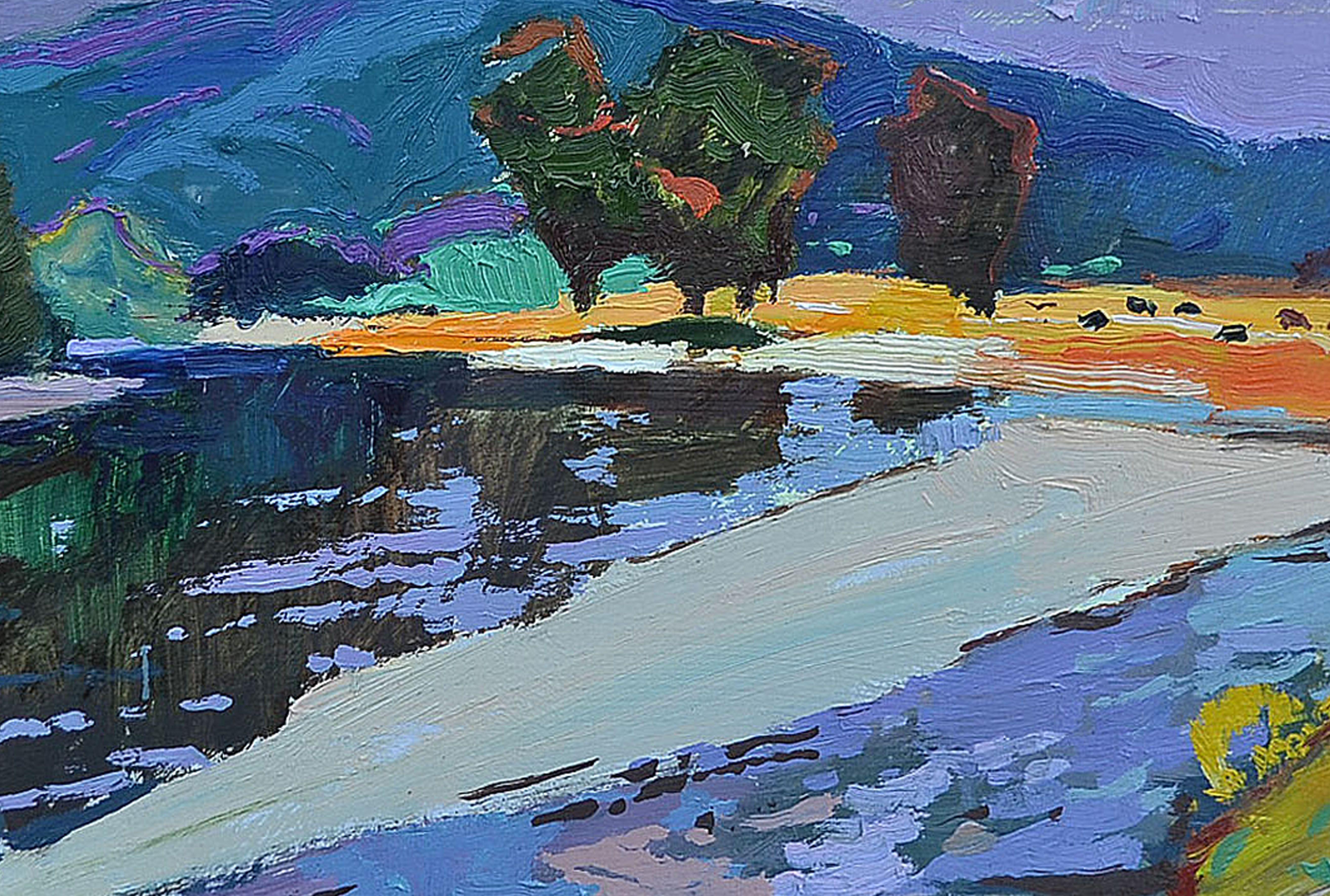 On the river Tisza _ Oil on Cardboard, Painting, Oil on Other For Sale 3