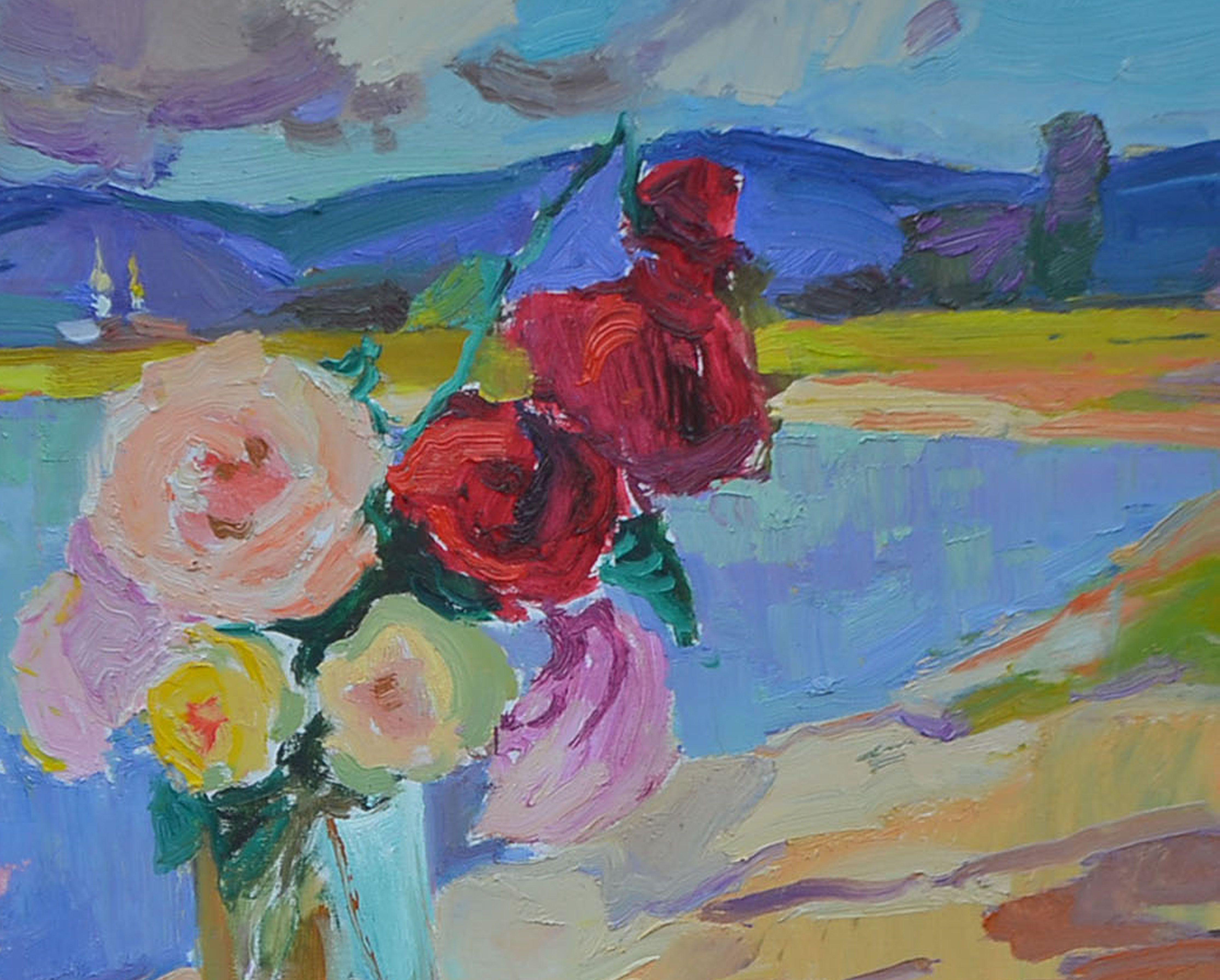 Roses and strawberries, Painting, Oil on Canvas For Sale 2