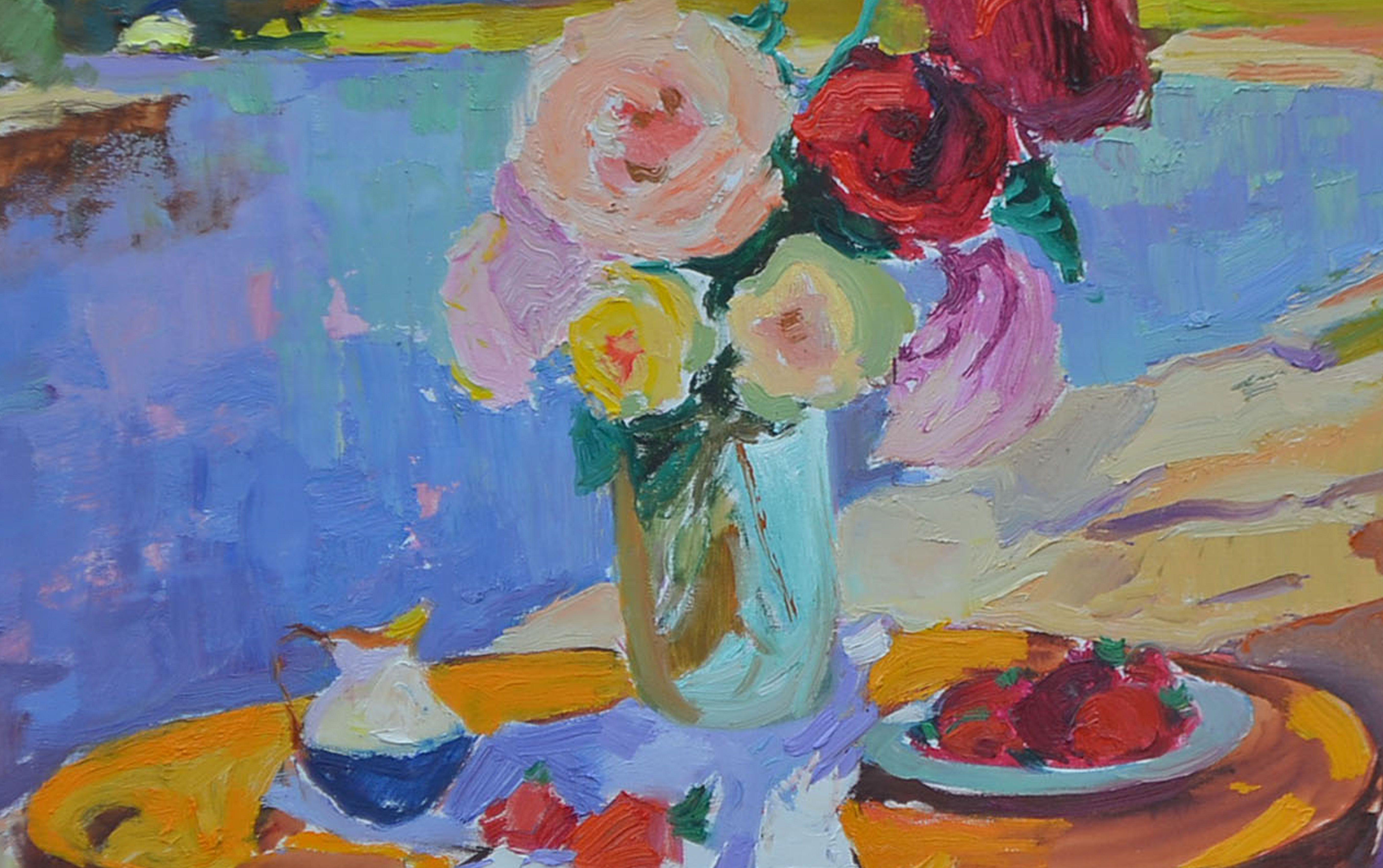Roses and strawberries, Painting, Oil on Canvas For Sale 3