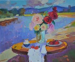 Roses et fraises, peinture, huile sur toile