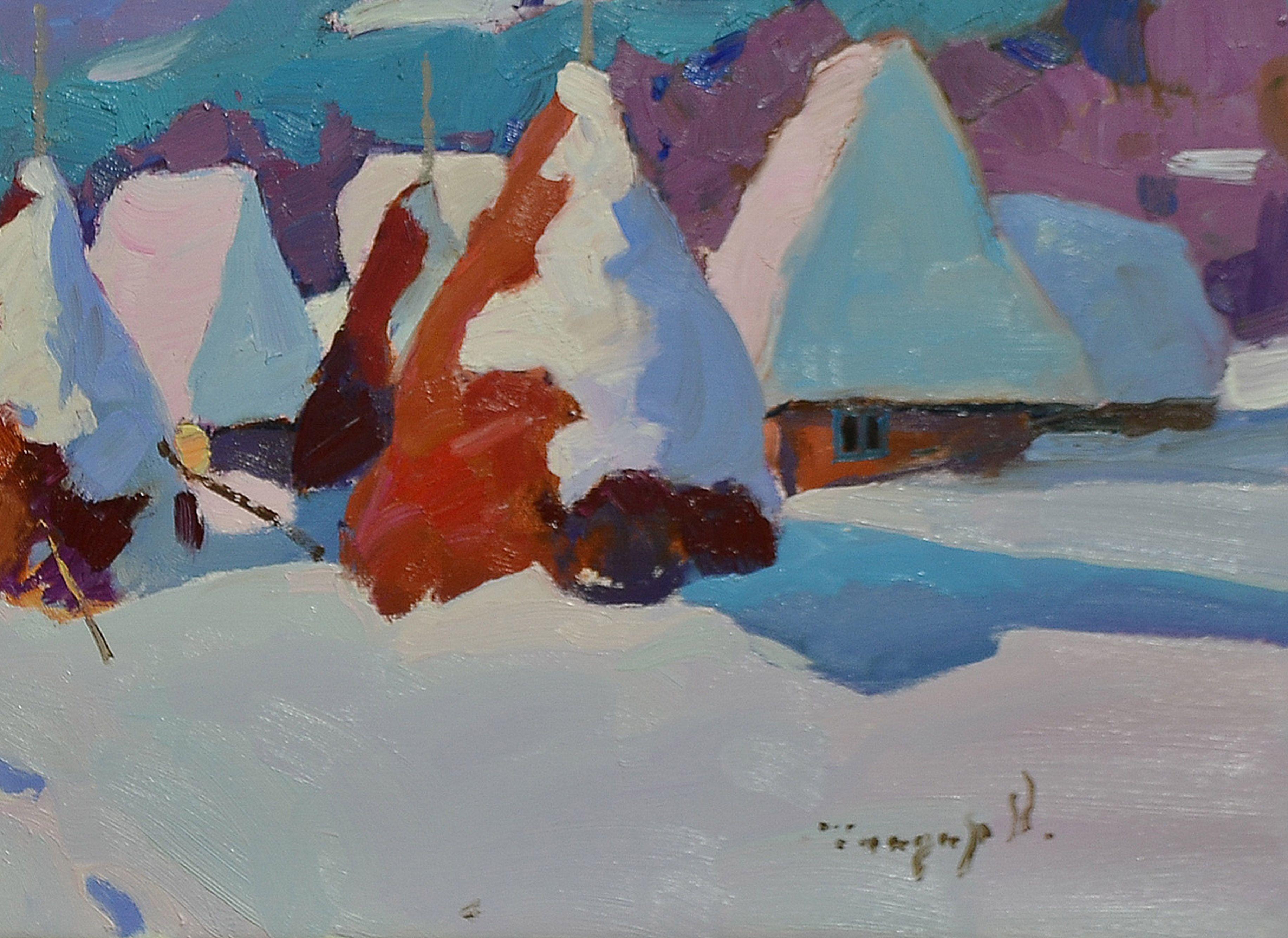 Bei diesem Ölgemälde habe ich mich auf die raue Schönheit einer ruhigen, schneebedeckten Landschaft eingelassen. Mit expressionistischen Strichen und der emotionalen Kraft des Impressionismus wollte ich die stille Majestät des Winters einfangen, die