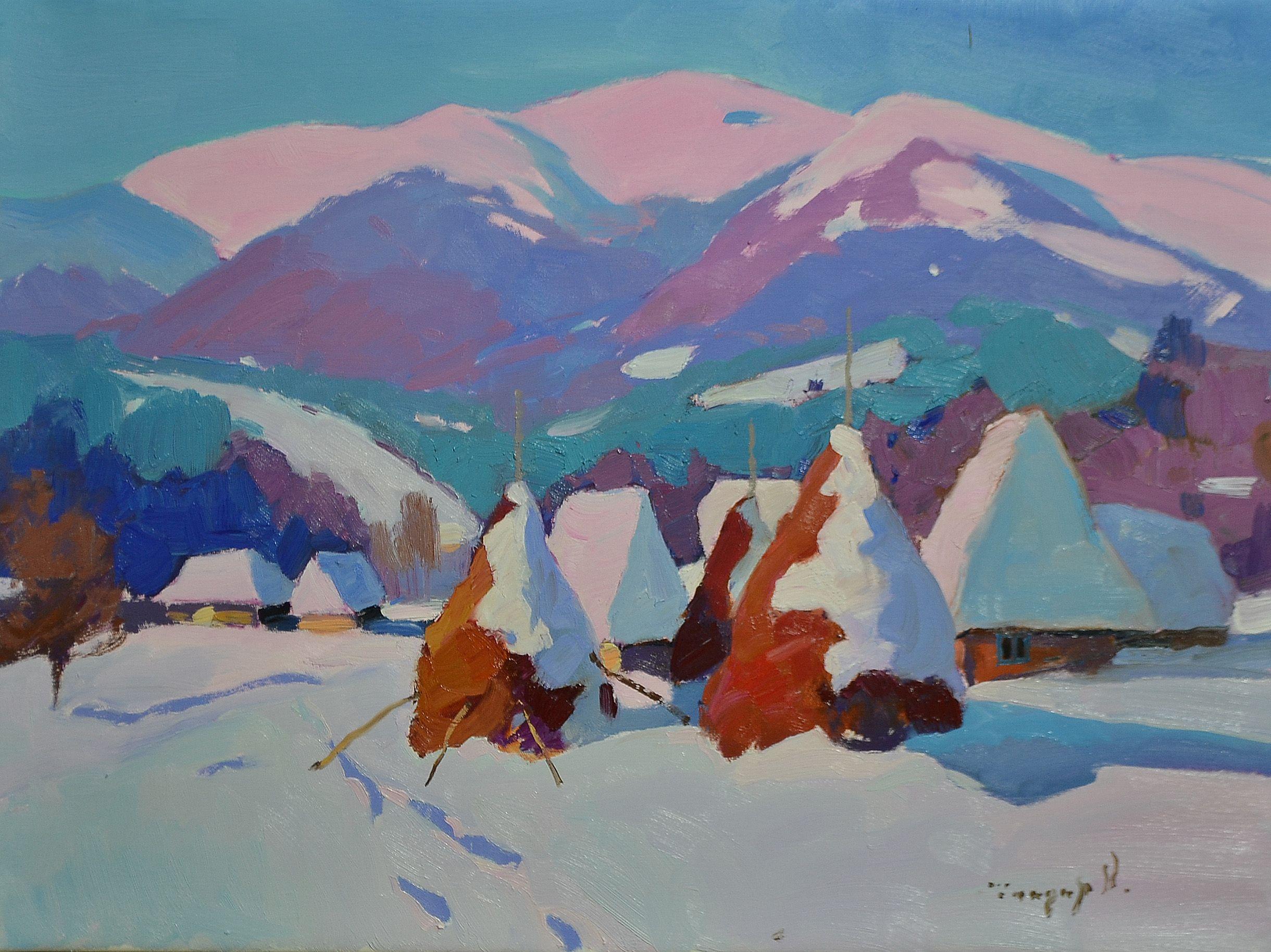 Schneebedeckte Haystacks, Gemälde, Öl auf Leinwand – Painting von Alexander Shandor