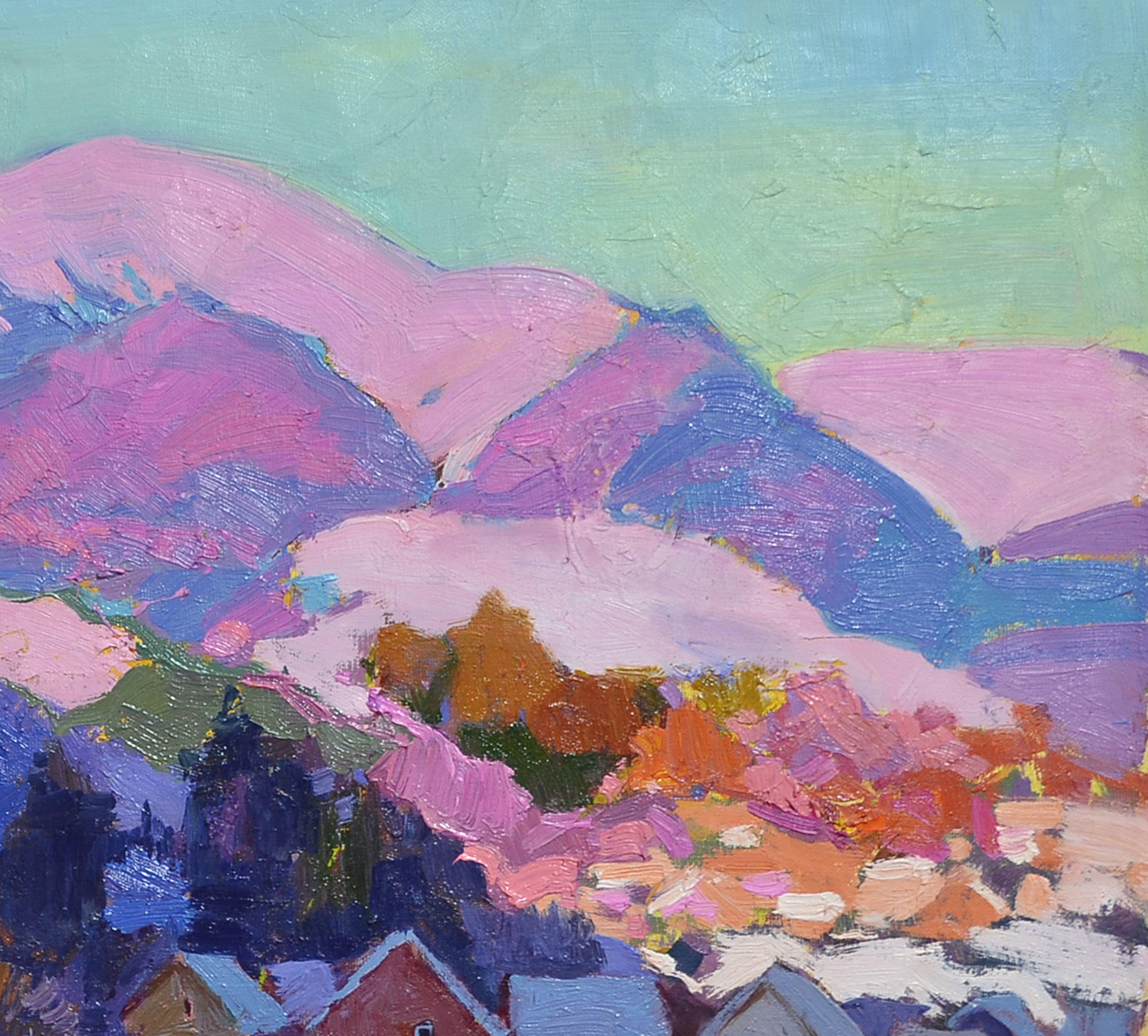 Schnee bedecktes Dorf, Gemälde, Öl auf Leinwand (Impressionismus), Painting, von Alexander Shandor