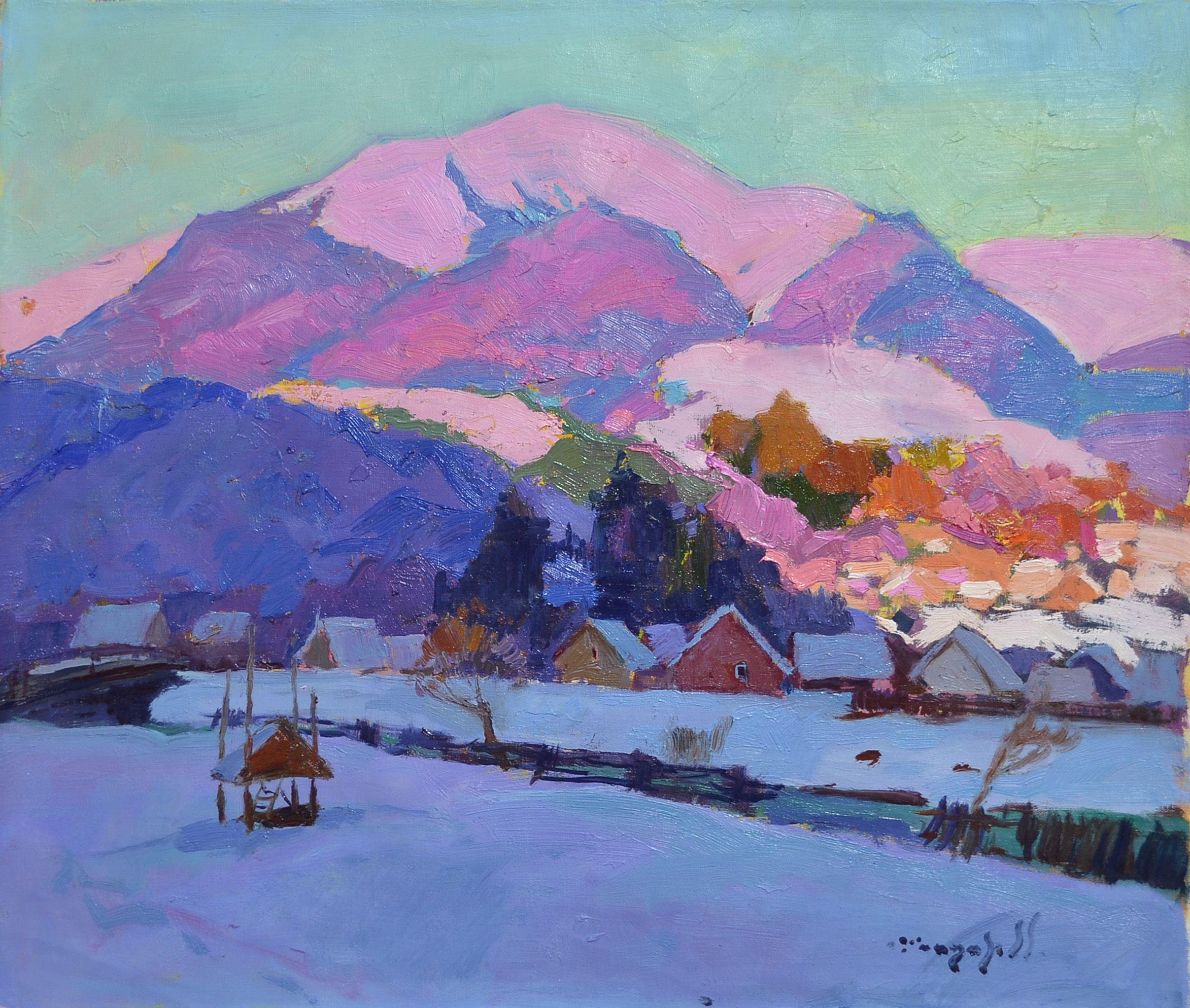 Schnee bedecktes Dorf, Gemälde, Öl auf Leinwand – Painting von Alexander Shandor