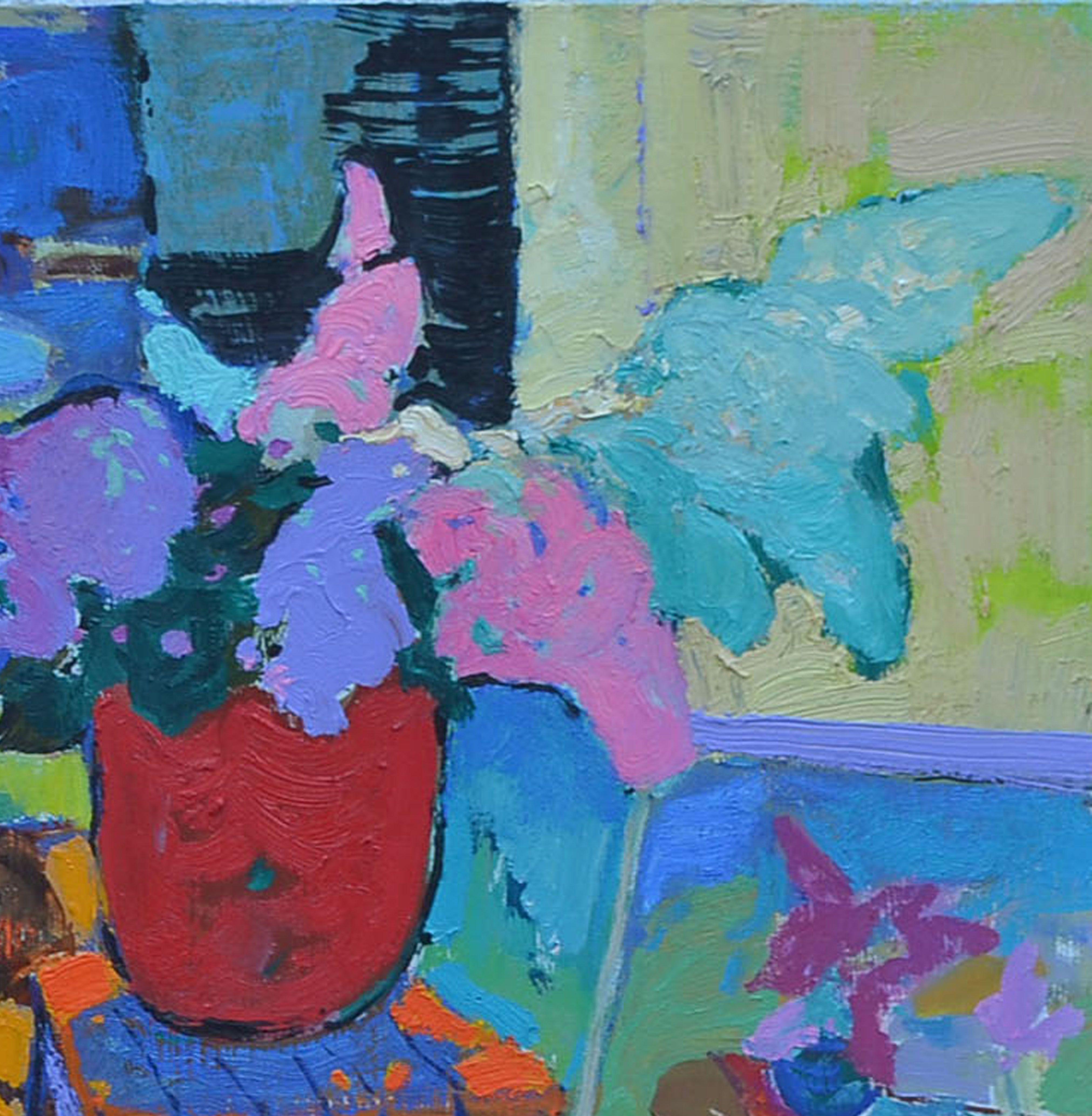 Still life in the interior _ Oil on Cardboard, Painting, Oil on Other For Sale 2
