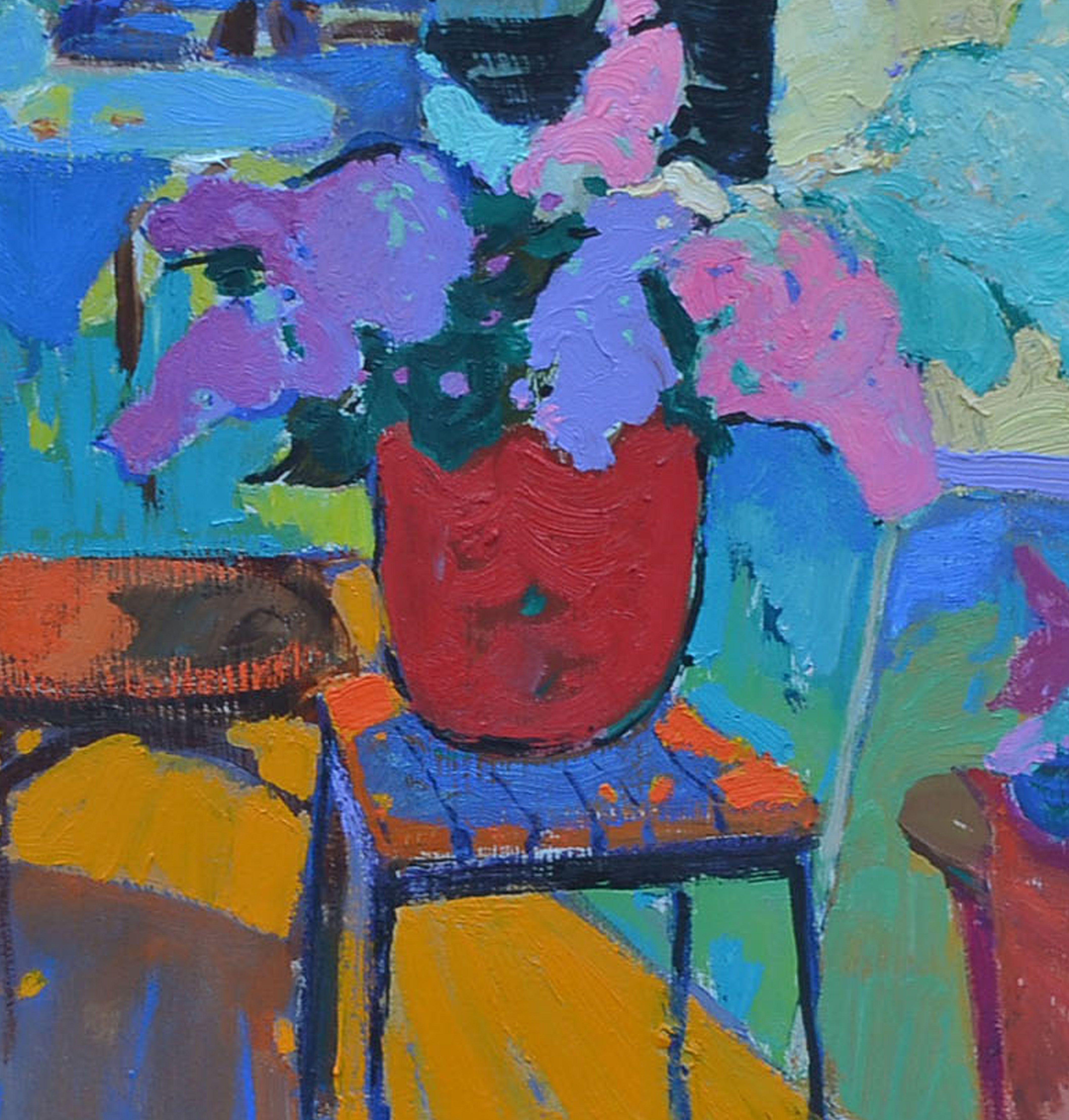 Still life in the interior _ Oil on Cardboard, Painting, Oil on Other For Sale 3