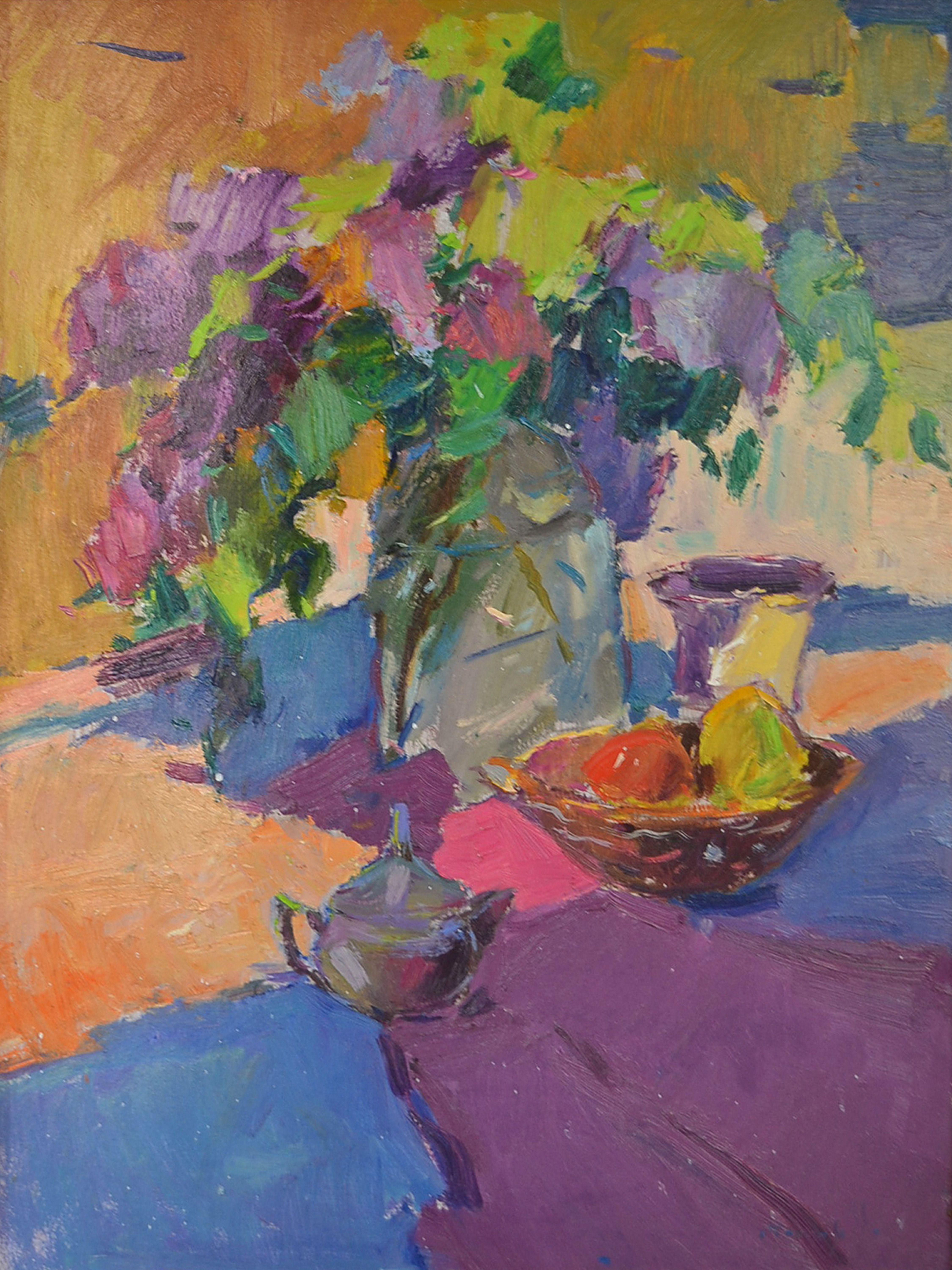 2016  oil cardboard  The picture shows a round tray, fruits, grapes, pears, a bouquet of lilacs, purple drapery.    Only the highest quality oil paints and materials are used in my works. After the paintings are finished, they are covered with a