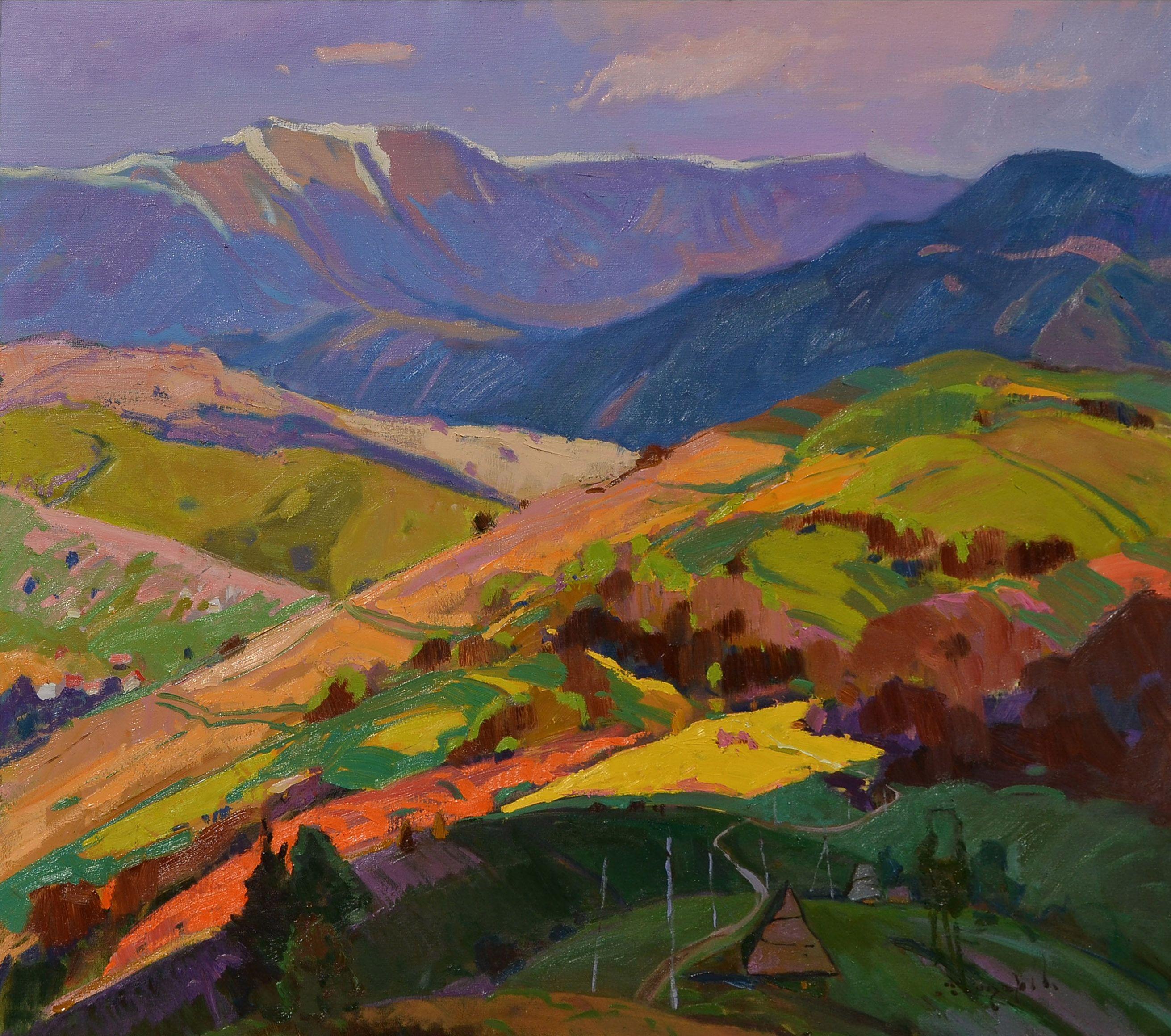 Die farbenfrohe Mizhhirshchyna, Gemälde, Öl auf Leinwand – Painting von Alexander Shandor