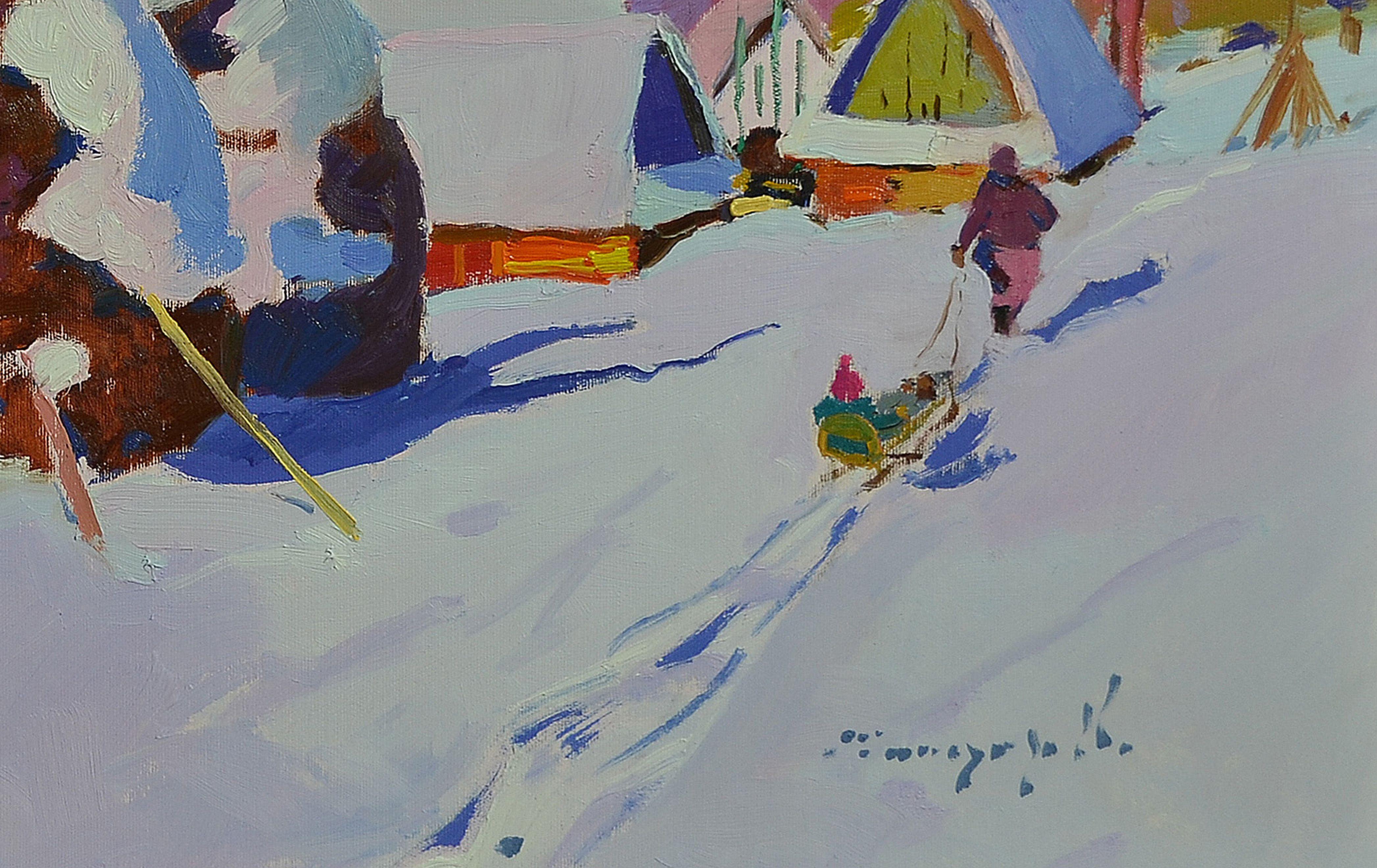 In diesem lebhaften Ölgemälde habe ich die Leinwand mit der rohen Energie des Expressionismus und der Fluidität des Impressionismus durchdrungen. Die kräftigen Pinselstriche fangen einen dynamischen Moment in winterlicher Ruhe ein. Wenn die