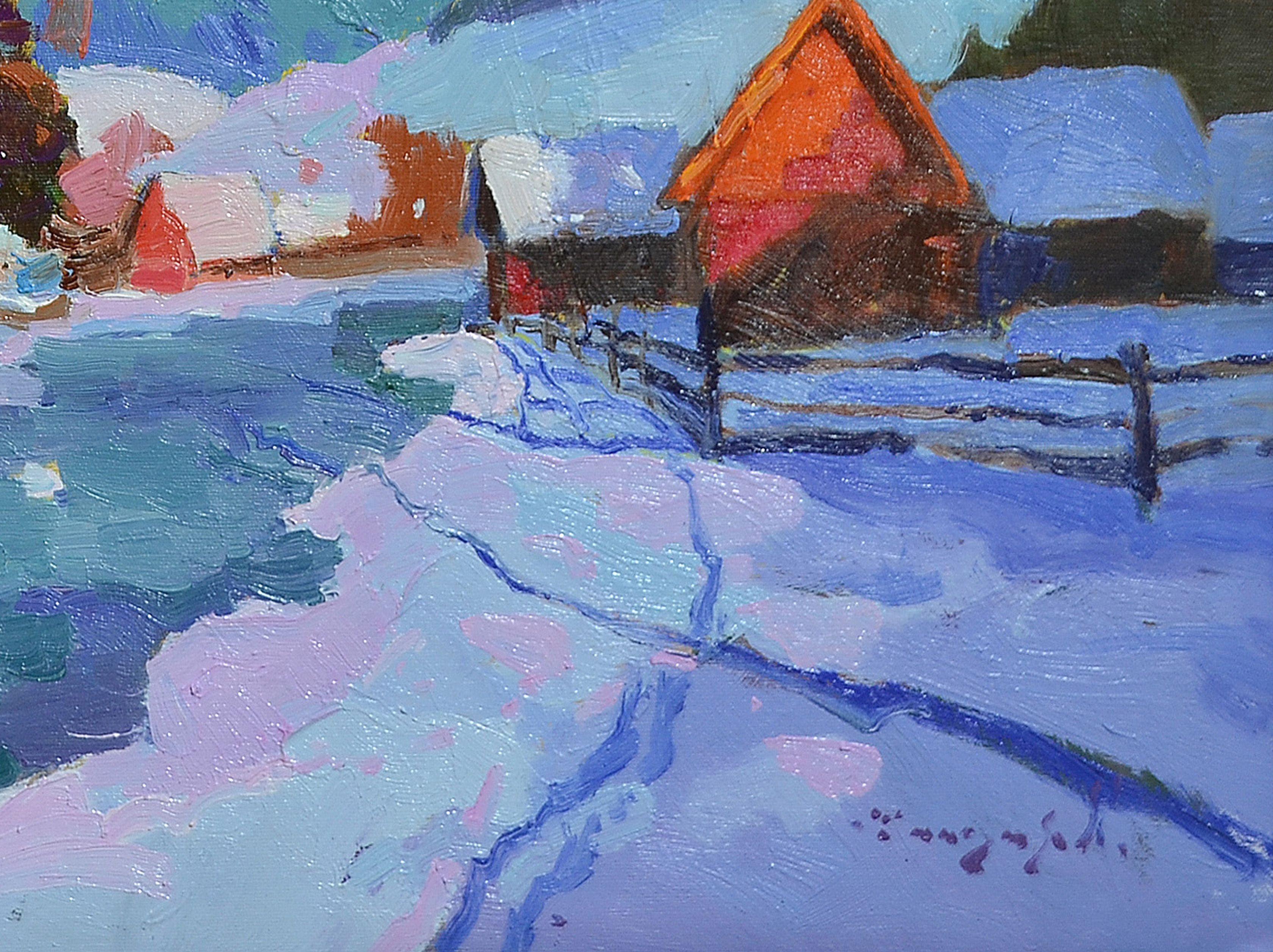  In questo dipinto a olio ho incanalato le emozioni crude dell'abbraccio dell'inverno. È il punto in cui l'espressionismo incontra la delicata danza dell'impressionismo, una scena che cattura il silenzio sereno di un villaggio caratteristico. L'aria