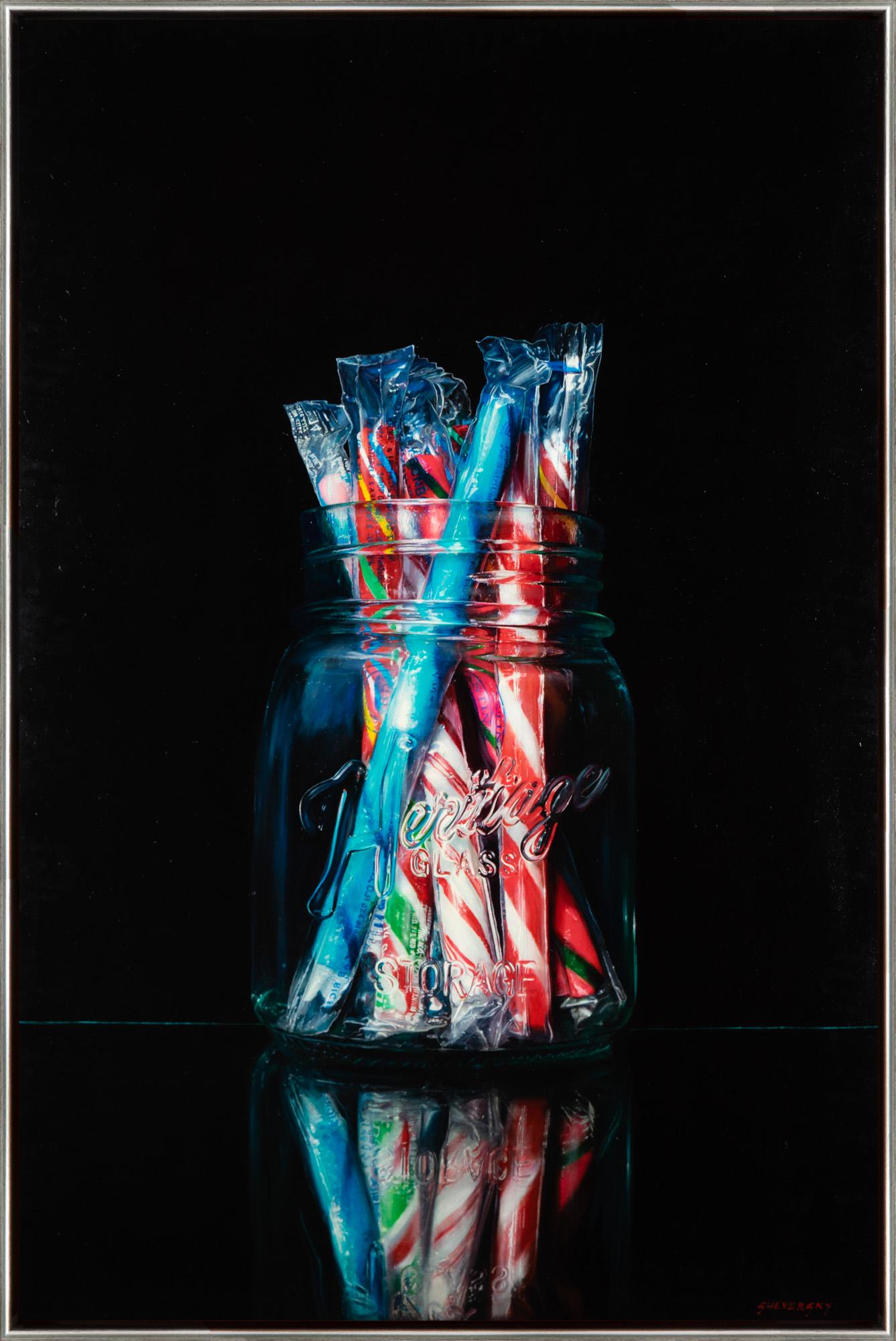 Still-Life Painting de Alexander Sheversky - "Palitos de caramelo" Pintura al óleo sobre lienzo con marco vertical de fotorrealismo contemporáneo