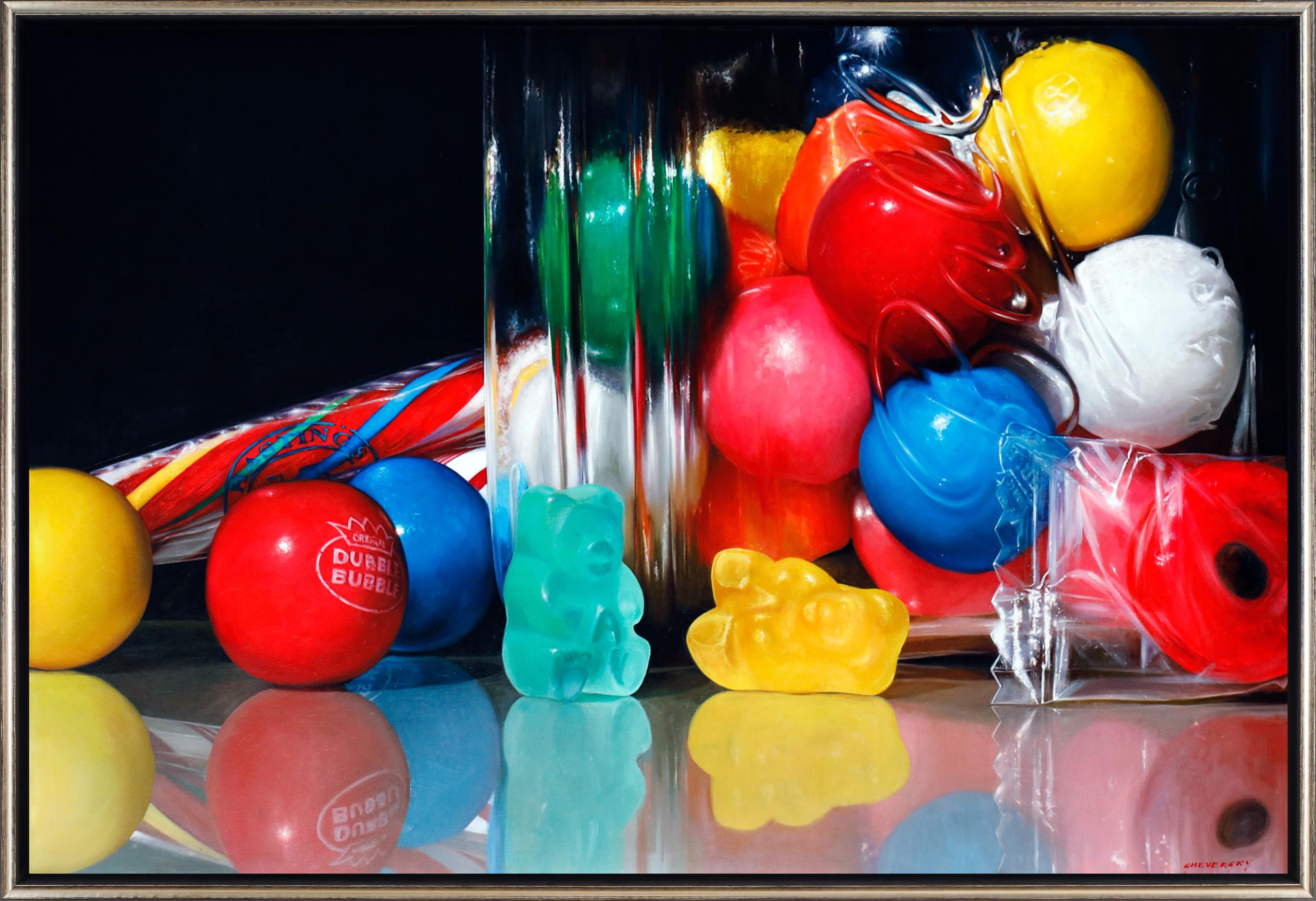 Alexander Sheversky Still-Life Painting - "Gummy Bear Down" Realistic Candy Still Life in Bright Colors and Nostalgic Feel
