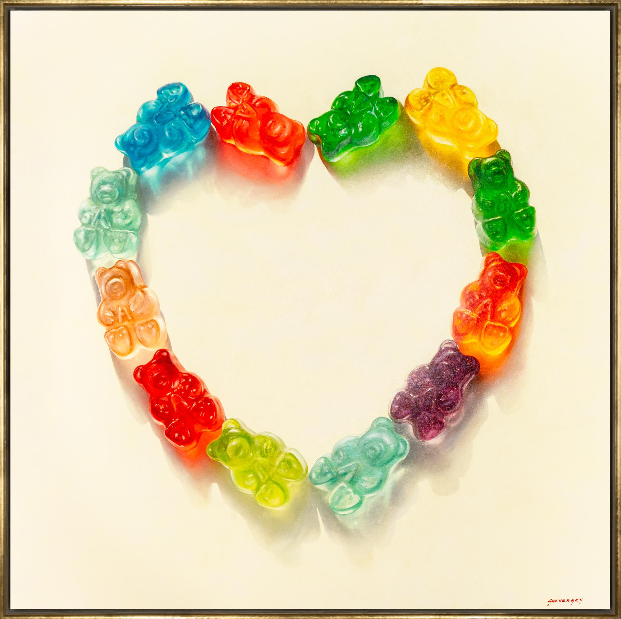 "Gummy Bears Love" Contemporary Photorealistic Still Life Framed Oil on Canvas