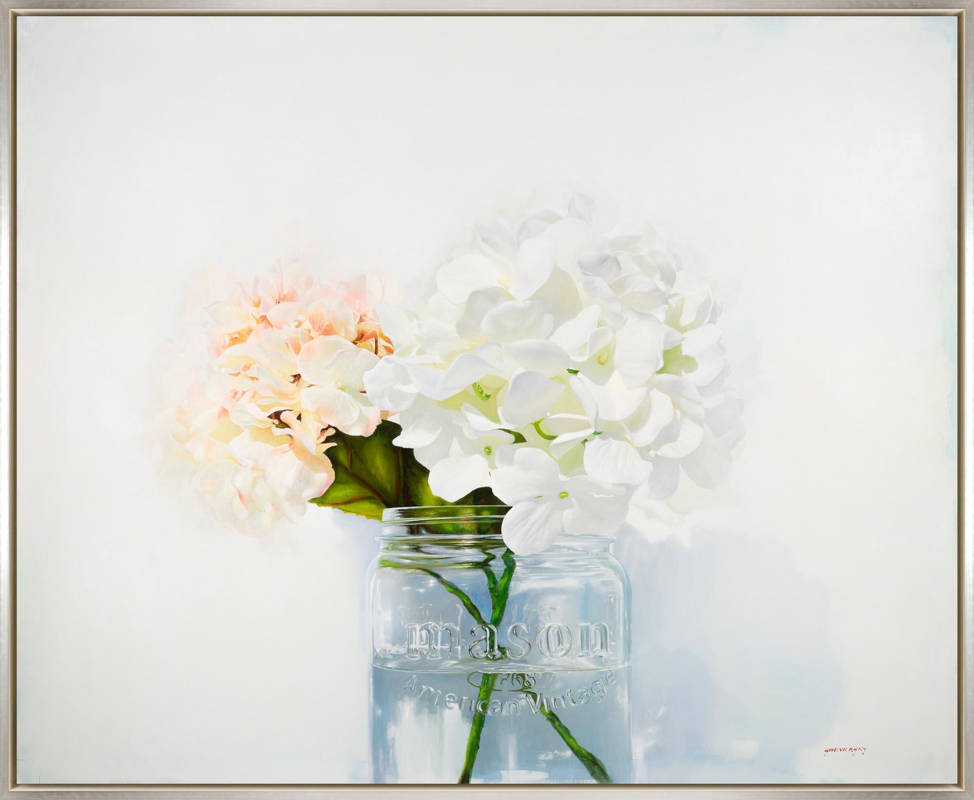 Alexander Sheversky Still-Life Painting - "Hydrangea II" Hyper Realistic Painting of Hydrangea Flowers in Glass Jar