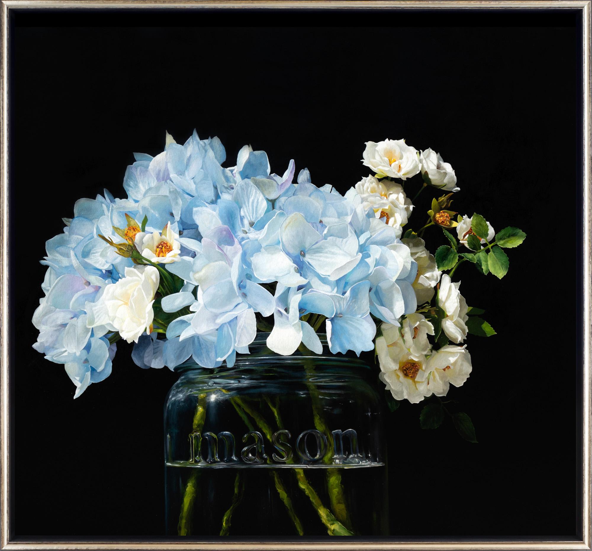 Alexander Sheversky Still-Life Painting - "Hydrangea on Black" Hyper Realistic Painting of Hydrangea Flowers in Glass Jar