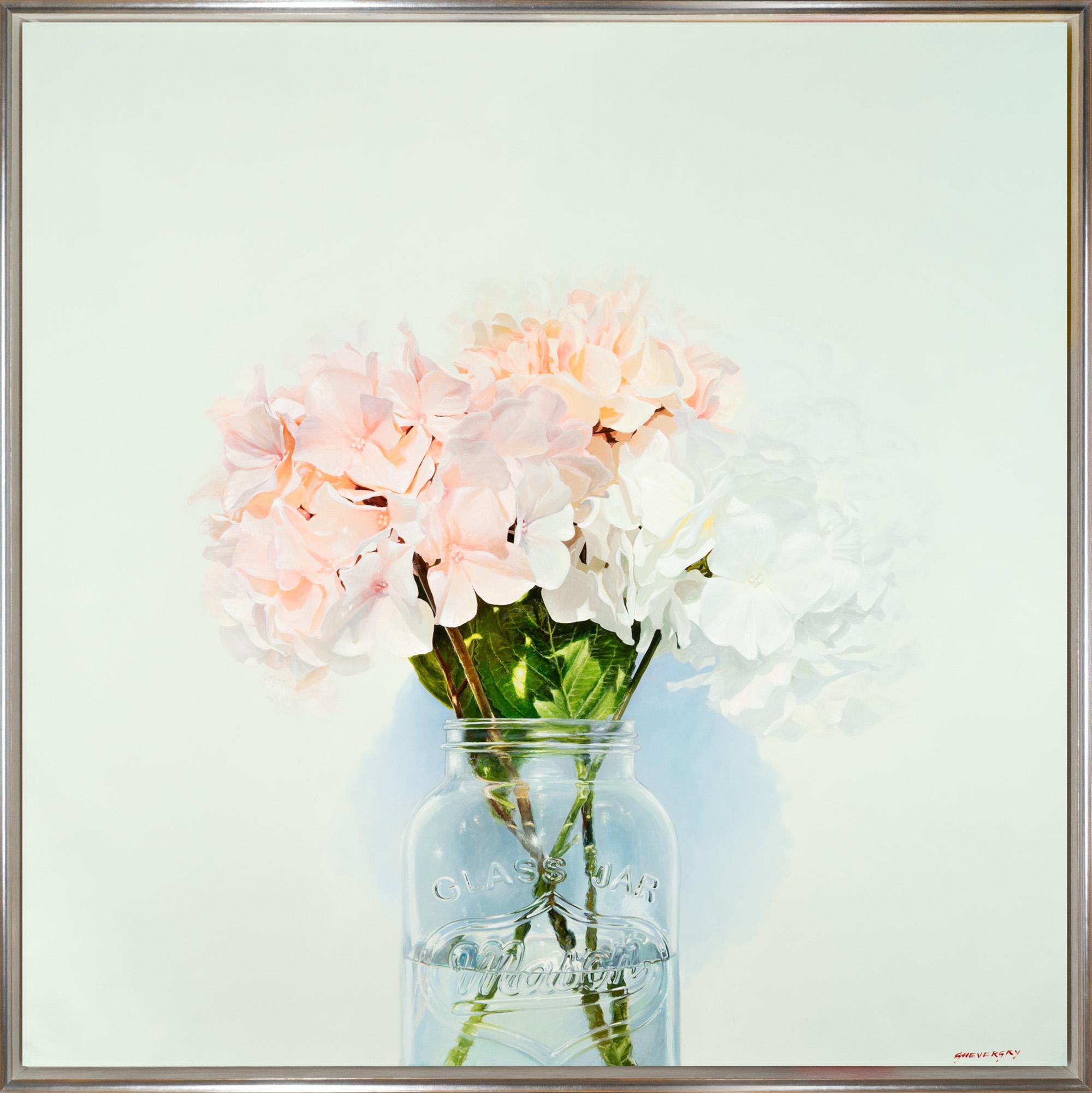 Alexander Sheversky Still-Life Painting - "Hydrangea V" Hyper Realistic Painting of Hydrangea Flowers in Glass Jar