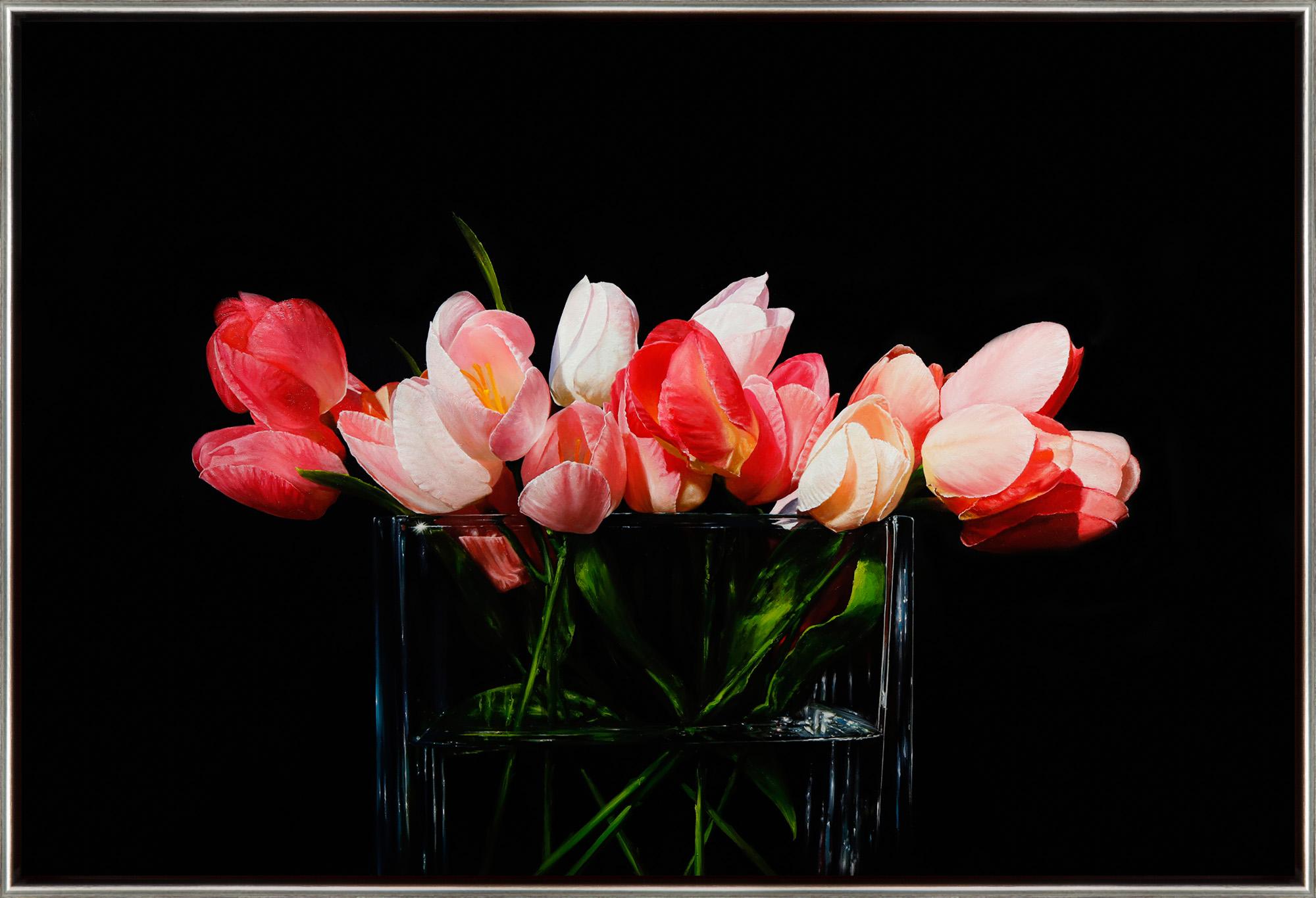 Alexander Sheversky Still-Life Painting - "Red Tulips" Hyper Realistic Painting of Red, Pink and White Tulips in Vase