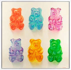 "Six Gummy Bears" Hyperrealistic Painting of Vibrant Candy Framed Oil on Canvas