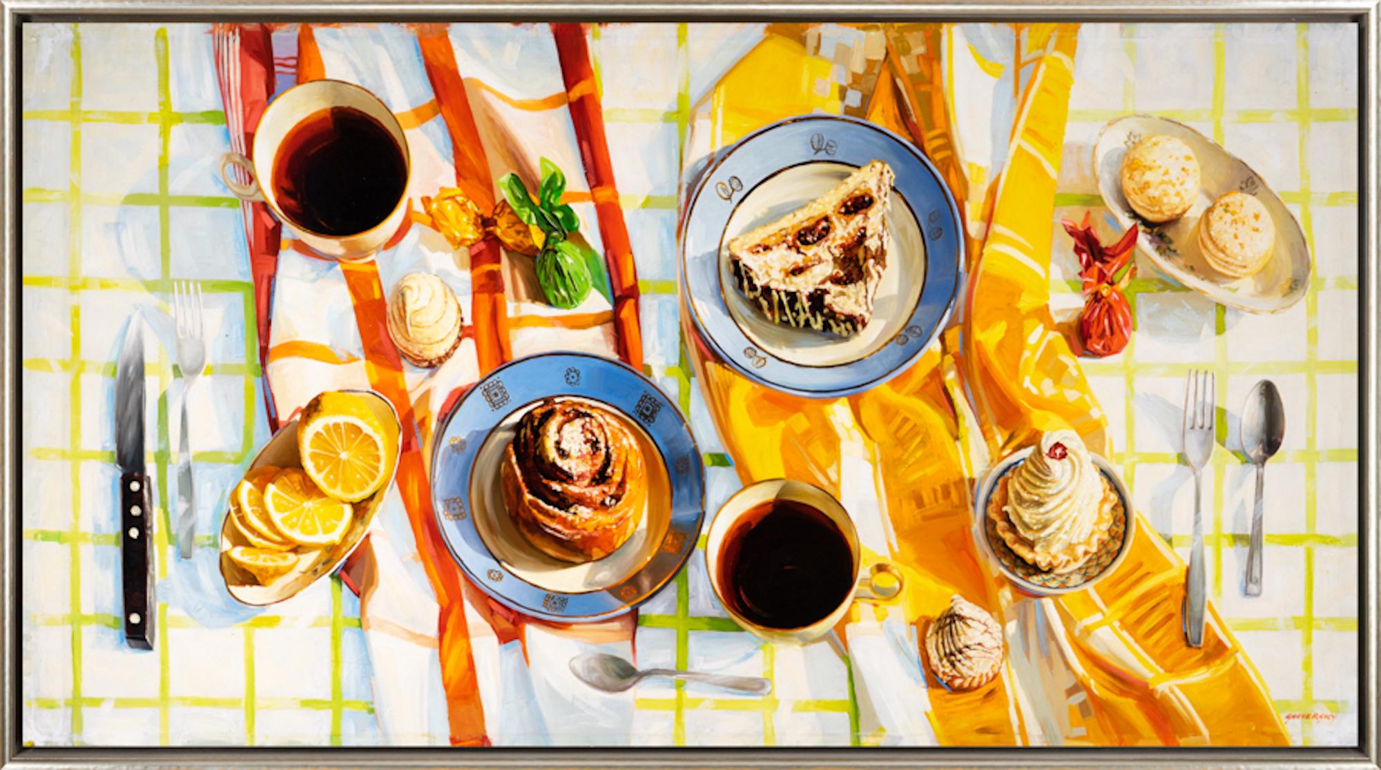 "Le petit-déjeuner" Peinture réaliste d'une nature morte de petit-déjeuner dans des tons chauds