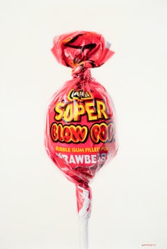 "Super Blow Pop Strawberry II" Realistic Painting of Bright Pink Lollipop