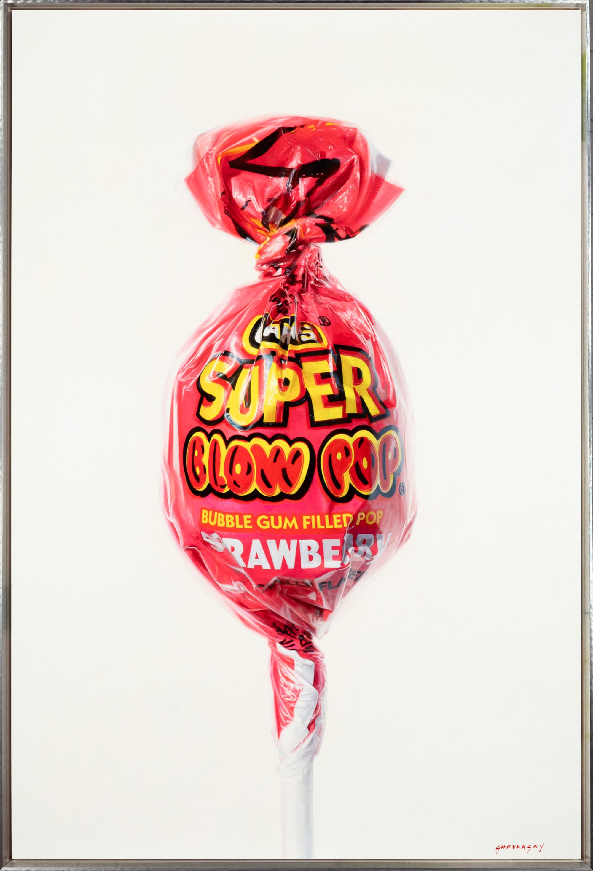 Alexander Sheversky Portrait Painting - "Super Blow Pop Strawberry II" Realistic Painting of Bright Pink Lollipop 