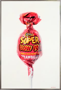 „Super Blow Pop Erdbeer II“, realistisches Gemälde mit leuchtend rosa Lollipop 