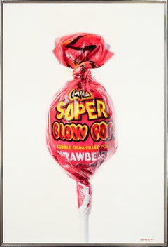 « Super Blow Pop Strawberry II » - Peinture réaliste d'un Lollipop rose vif