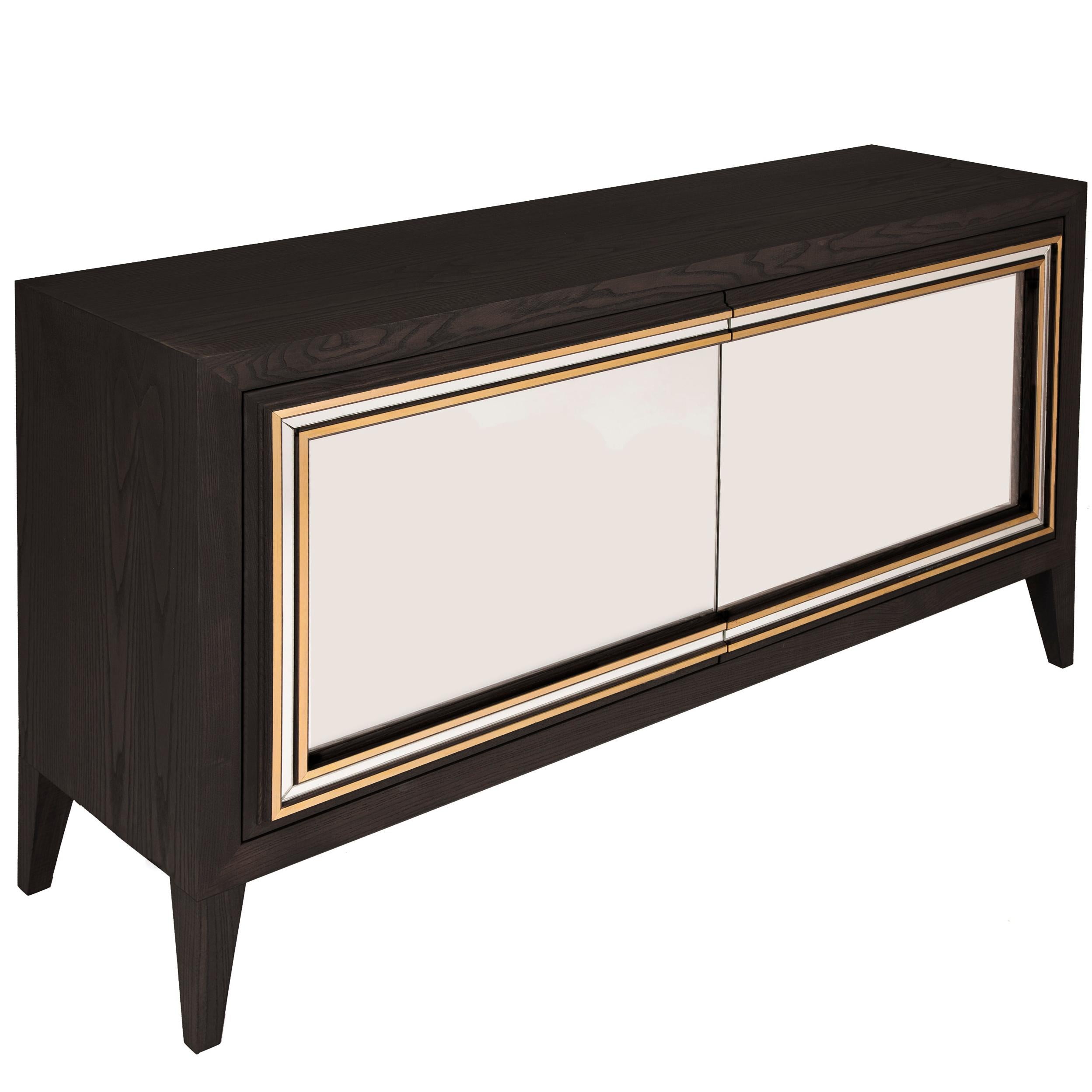 Black (RAL 9004) satin lacquered sideboard with two push-to-open doors, mirror and brass trim detailing and shelf in the middle. Also available in white (RAL 9001) or natural satin lacquered color finish. Bespoke dimensions and finishes available on