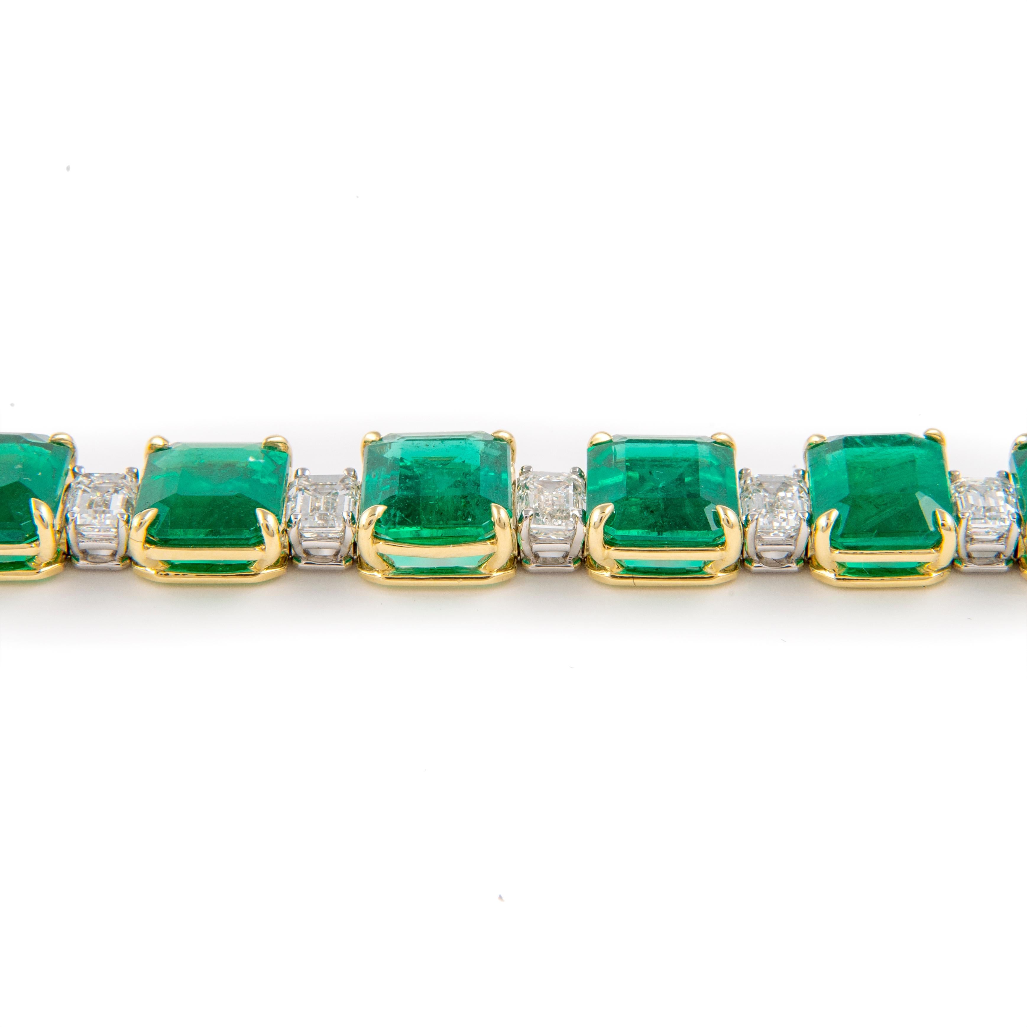Emerald Cut Alexander SSEF Certified 44.78 Carat Emerald & Diamond Bracelet 18k & Platinum