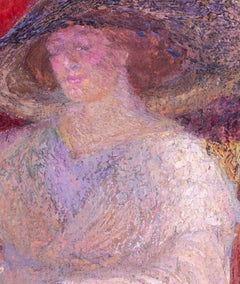 Scottish, 20th C Impressionist painting of lady with red parasol, summertime