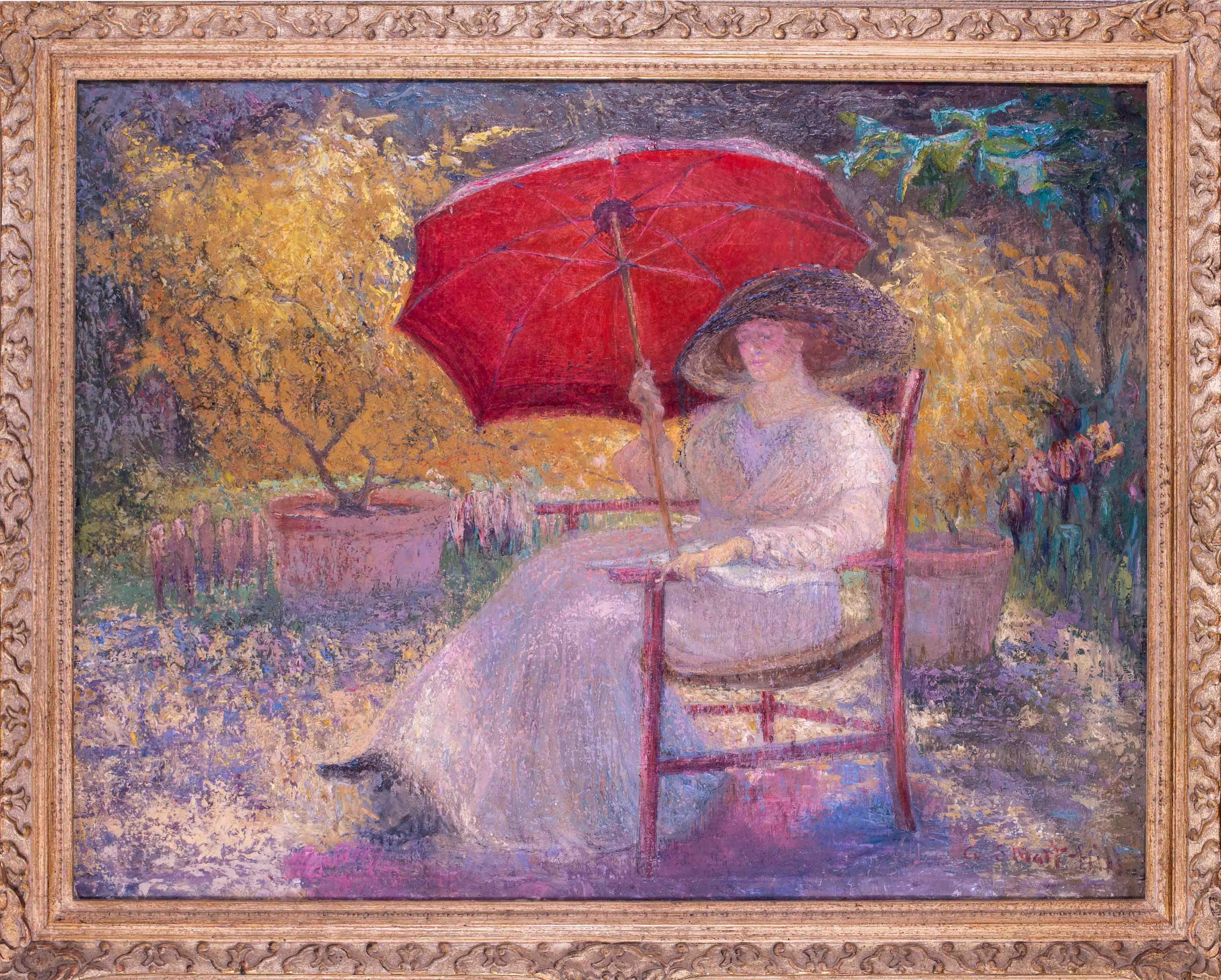 Alexander Stuart-Hill Figurative Painting - Scottish, 20th C Impressionist painting of lady with red parasol, summertime