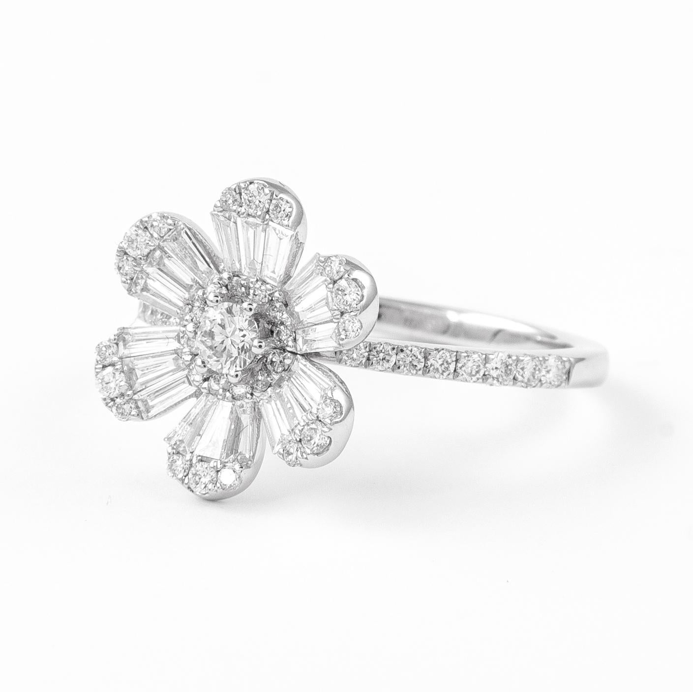 Contemporary Alexander Tapered Baguette Diamond Floral Ring 18k White Gold