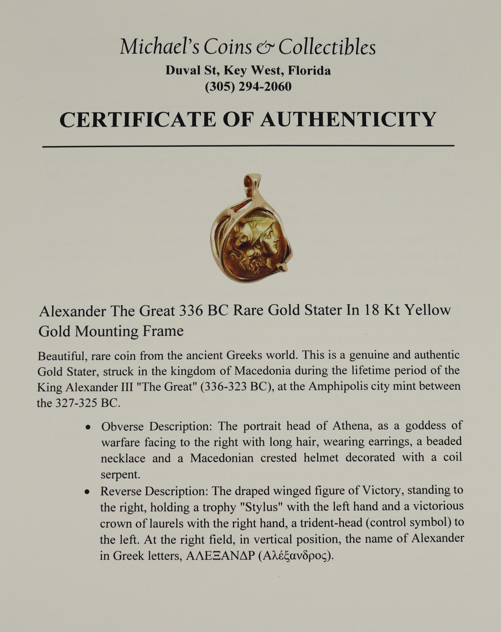 Alexander the Great 336 BC Rare Gold Stater Coin Mount in 18kt Yellow Gold Frame 2