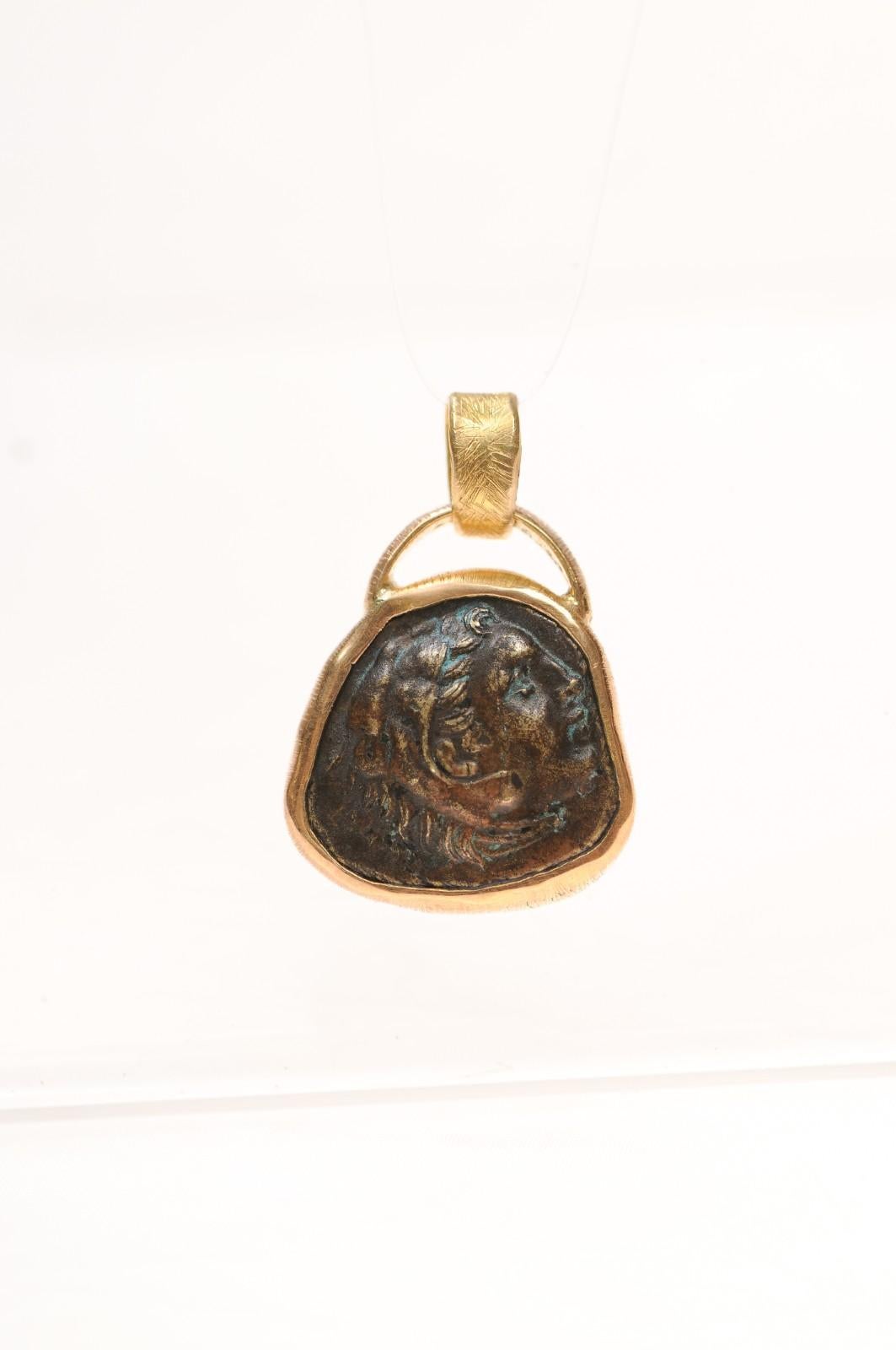 Classical Greek Alexander the Great Bronze [coin] Pendant in 22K Gold (pendant only) For Sale