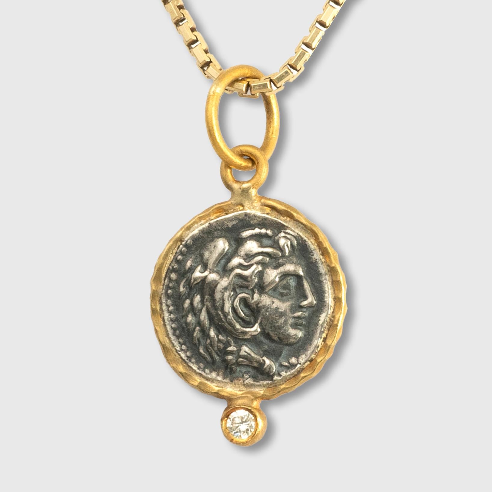 Classical Greek Alexander the Great, Charm Coin Replica Pendant, 24K Gold Silver 0.02ct Diamond For Sale