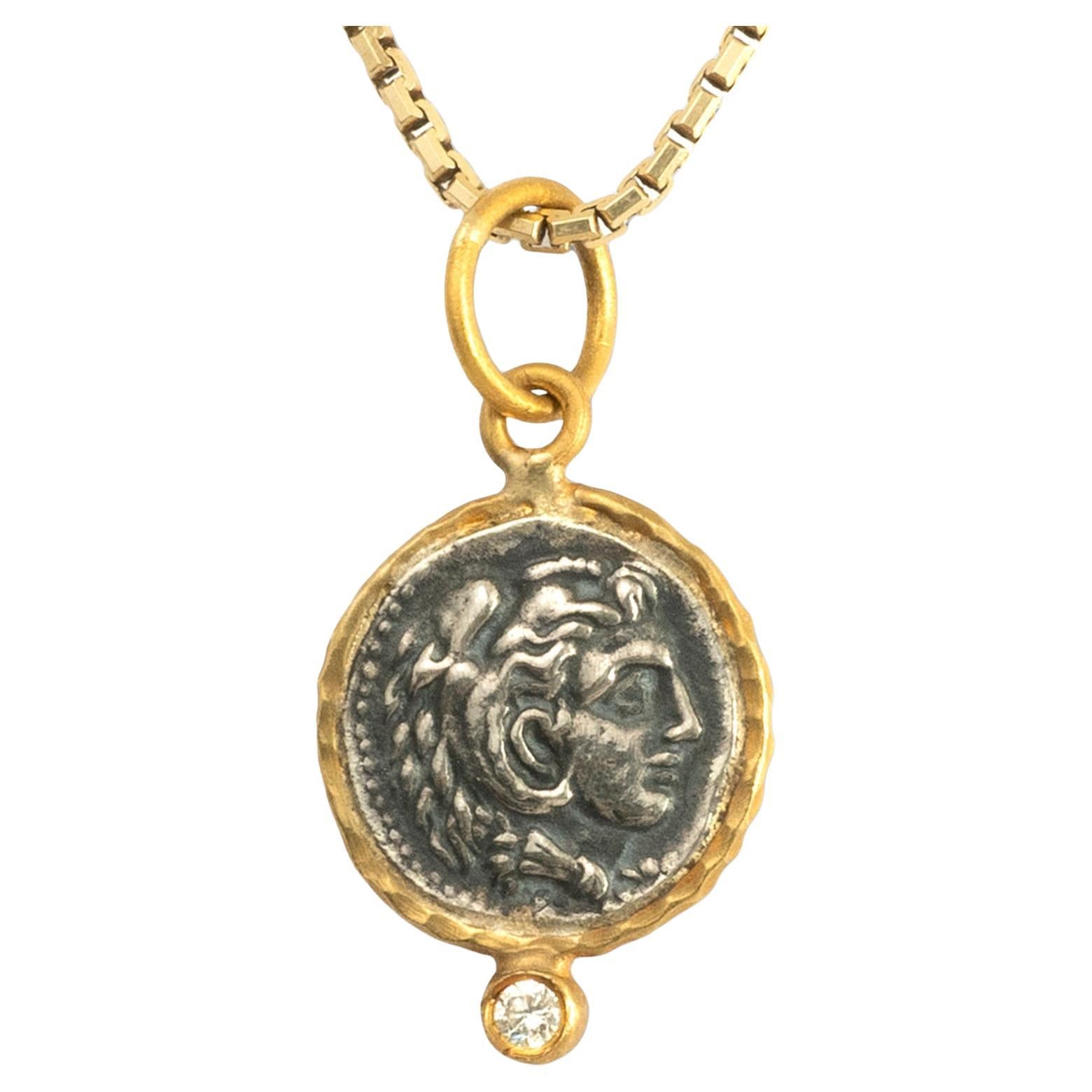 Alexander the Great, Charm Coin Replica Pendant, 24K Gold Silver 0.02ct Diamond For Sale