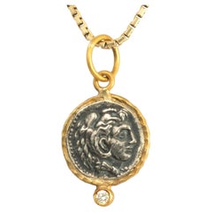 Retro Alexander the Great, Charm Coin Replica Pendant, 24K Gold Silver 0.02ct Diamond