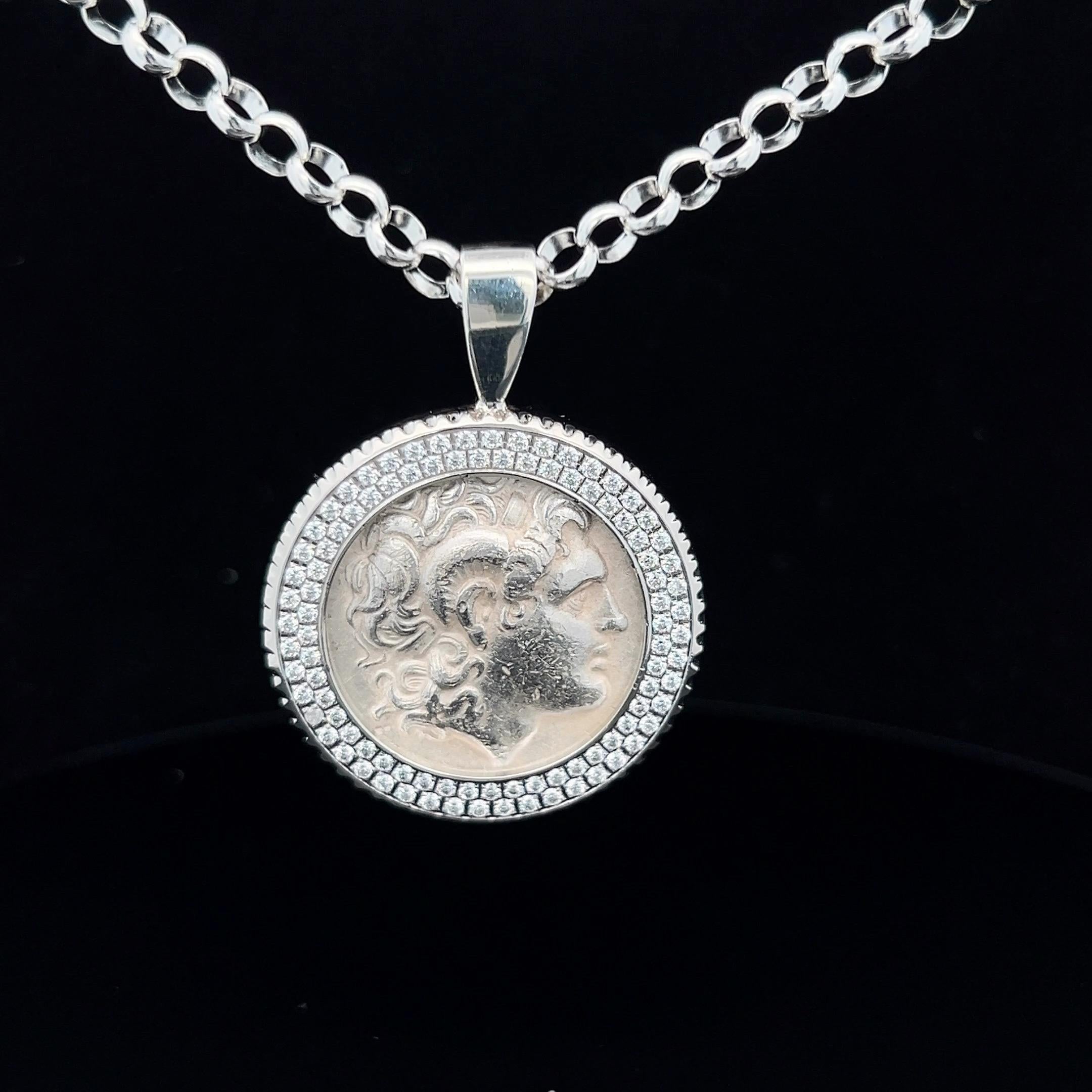 Women's or Men's ALexander The Great Coin Chain Pendant Genuine Ancient Greek Silver Tetradrachm For Sale