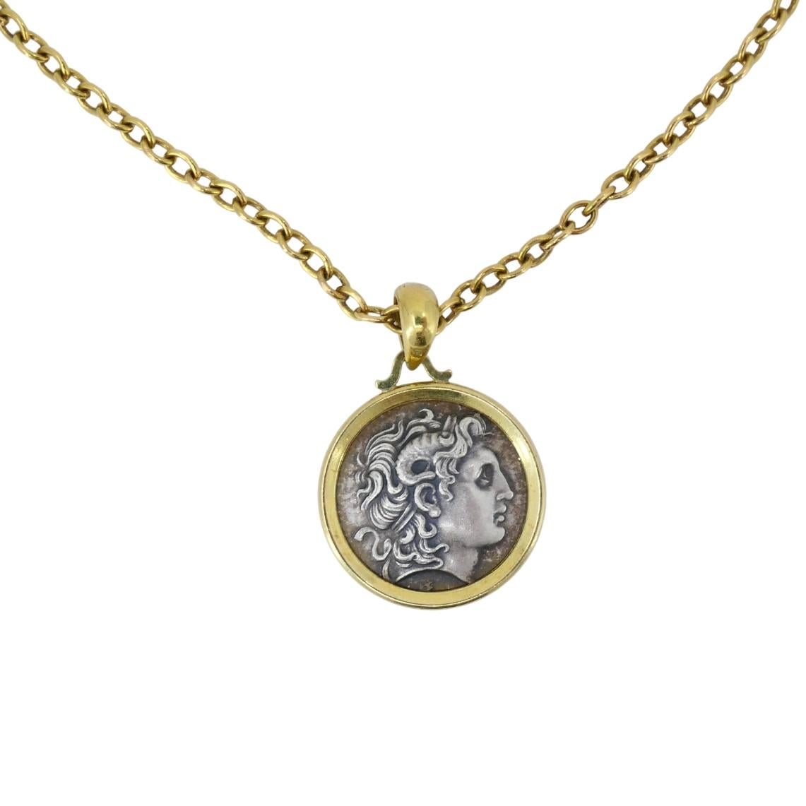 Alexander The Great Coin Charm 18k & 14k Gold Chain Necklace In Excellent Condition For Sale In Beverly Hills, CA