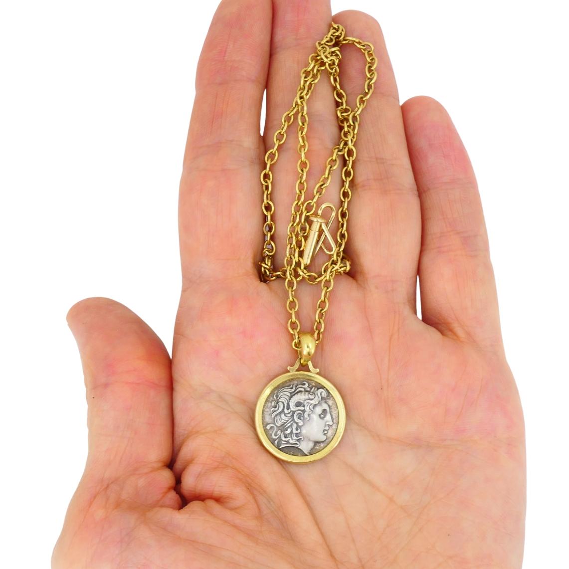 Alexander The Great Coin Charm 18k & 14k Gold Chain Necklace For Sale 3