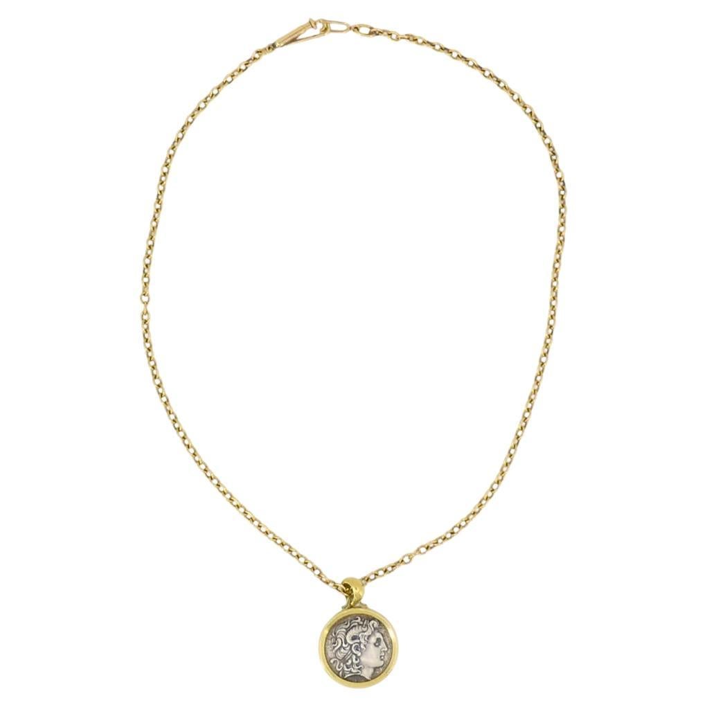 Alexander The Great Coin Charm 18k & 14k Gold Chain Necklace For Sale