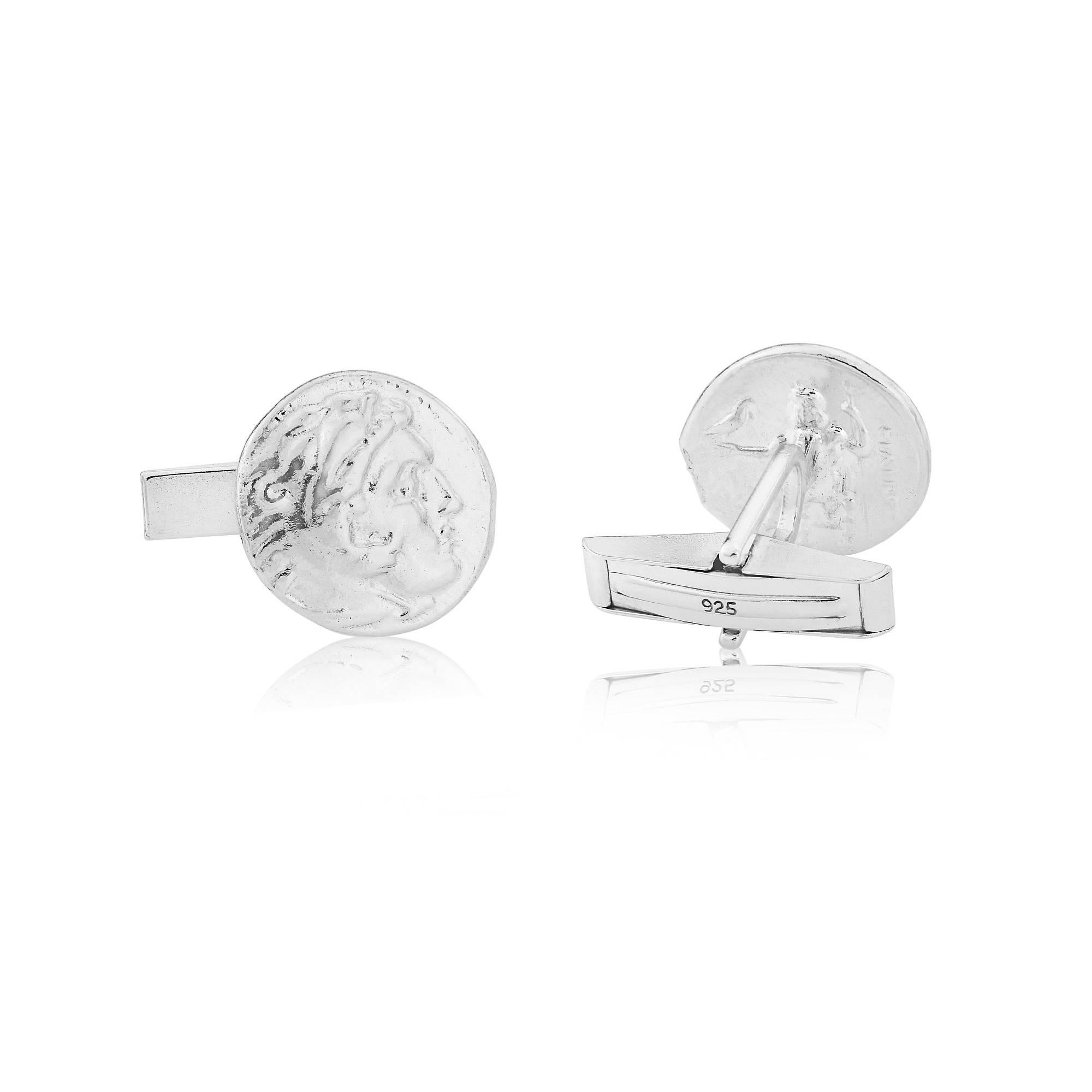 We found an ancient coin in a Souk of Alexander the Great.
 Simon then made a mould from the original coin and turned this into a stunning pair of solid sterling silver cufflinks.
Celebrate this Great Historic Figure with these unique cufflinks.