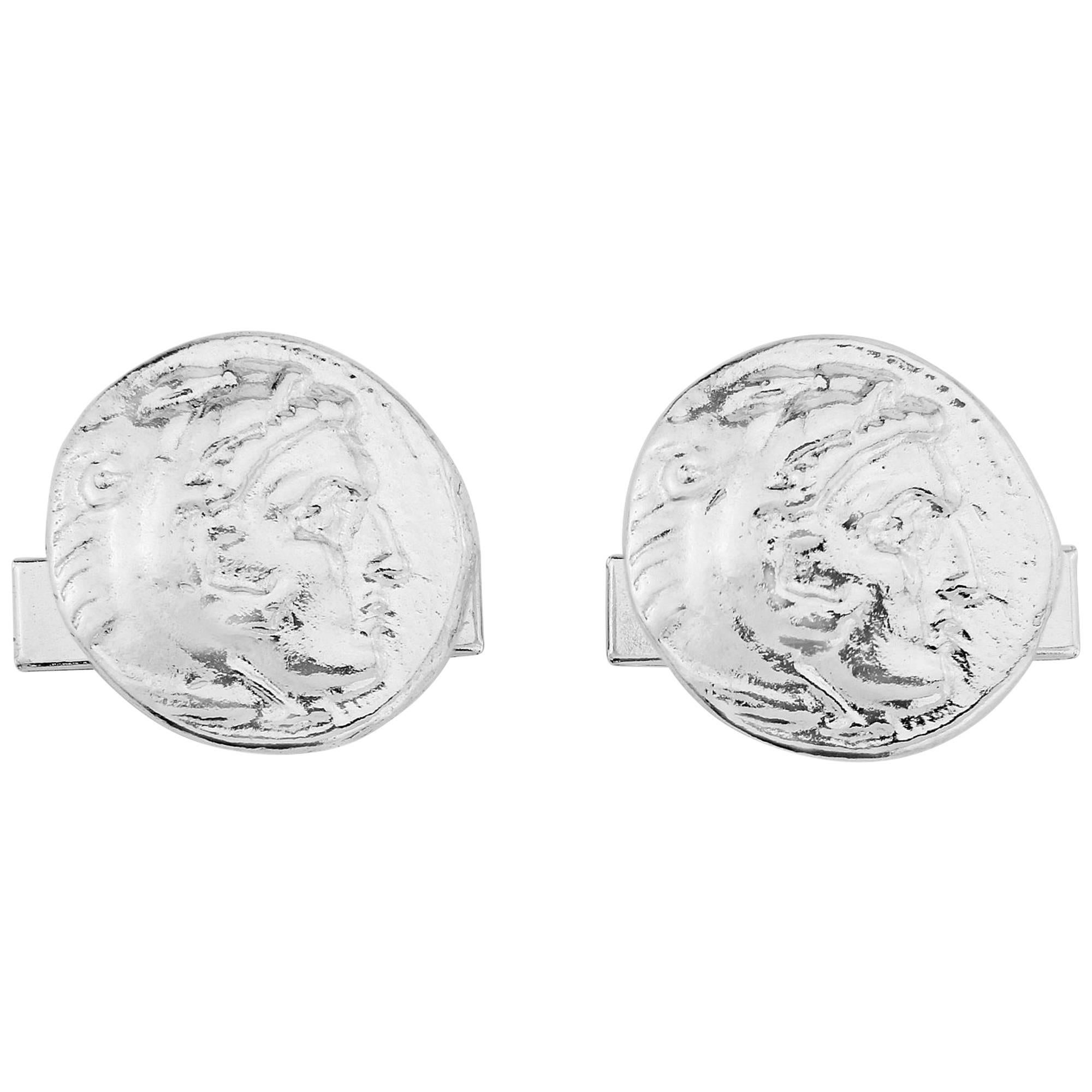 Alexander the Great Cufflinks in Sterling Silver, Ancient Coin For Sale