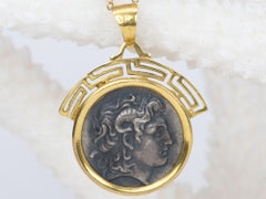 Alexander the Great Silver Coin Medallion Pendant 14K Gold Greek Key V1094
