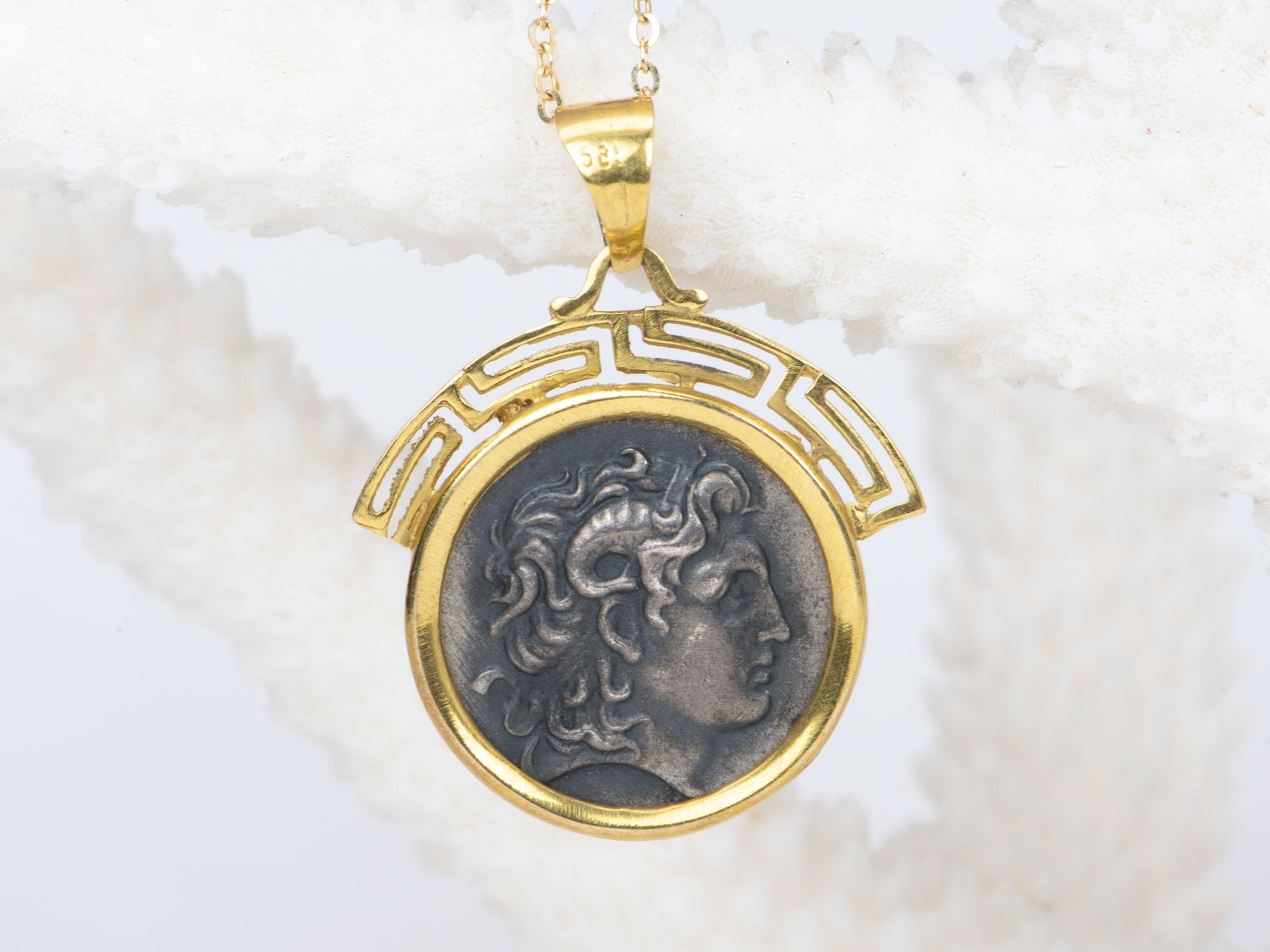 Alexander the Great Silver Coin Medallion Pendant 14K Gold Greek Key V1094 In New Condition For Sale In Osprey, FL